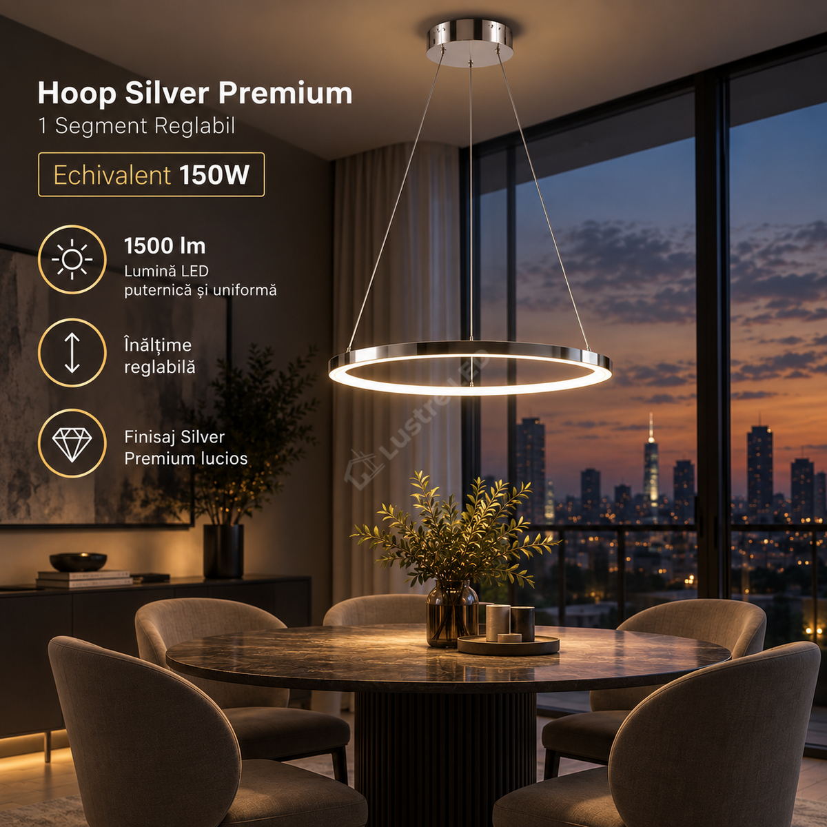 Lustra LED Suspendata Hoop Silver Premium 1 Segment Reglabil Echivalent 150W