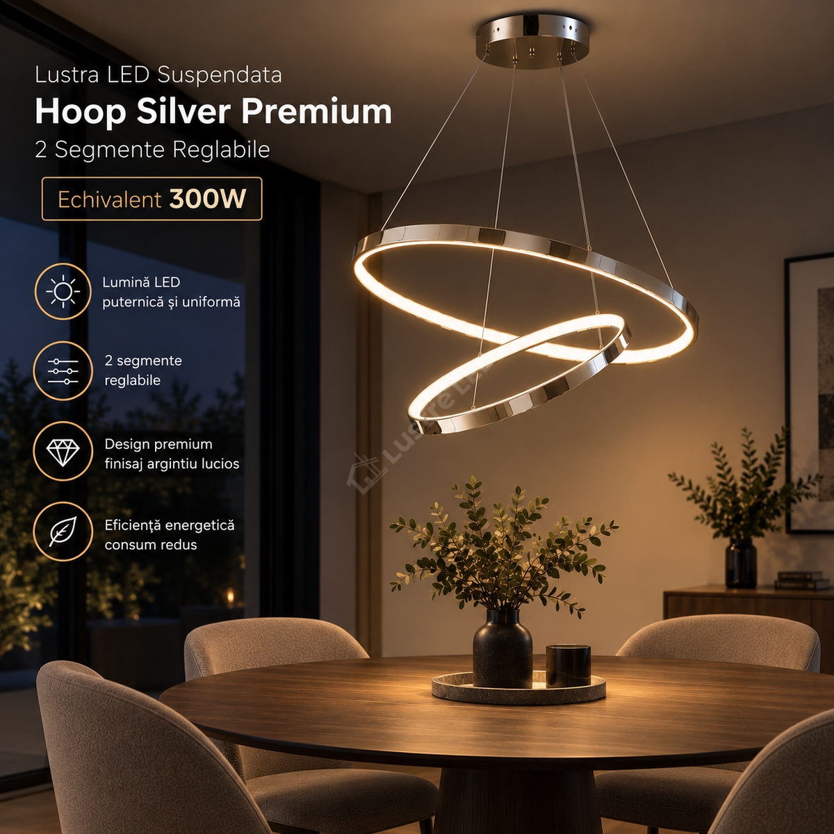 Lustra LED Suspendata Hoop Silver Premium 2 Segmente Reglabile Echivalent 300W