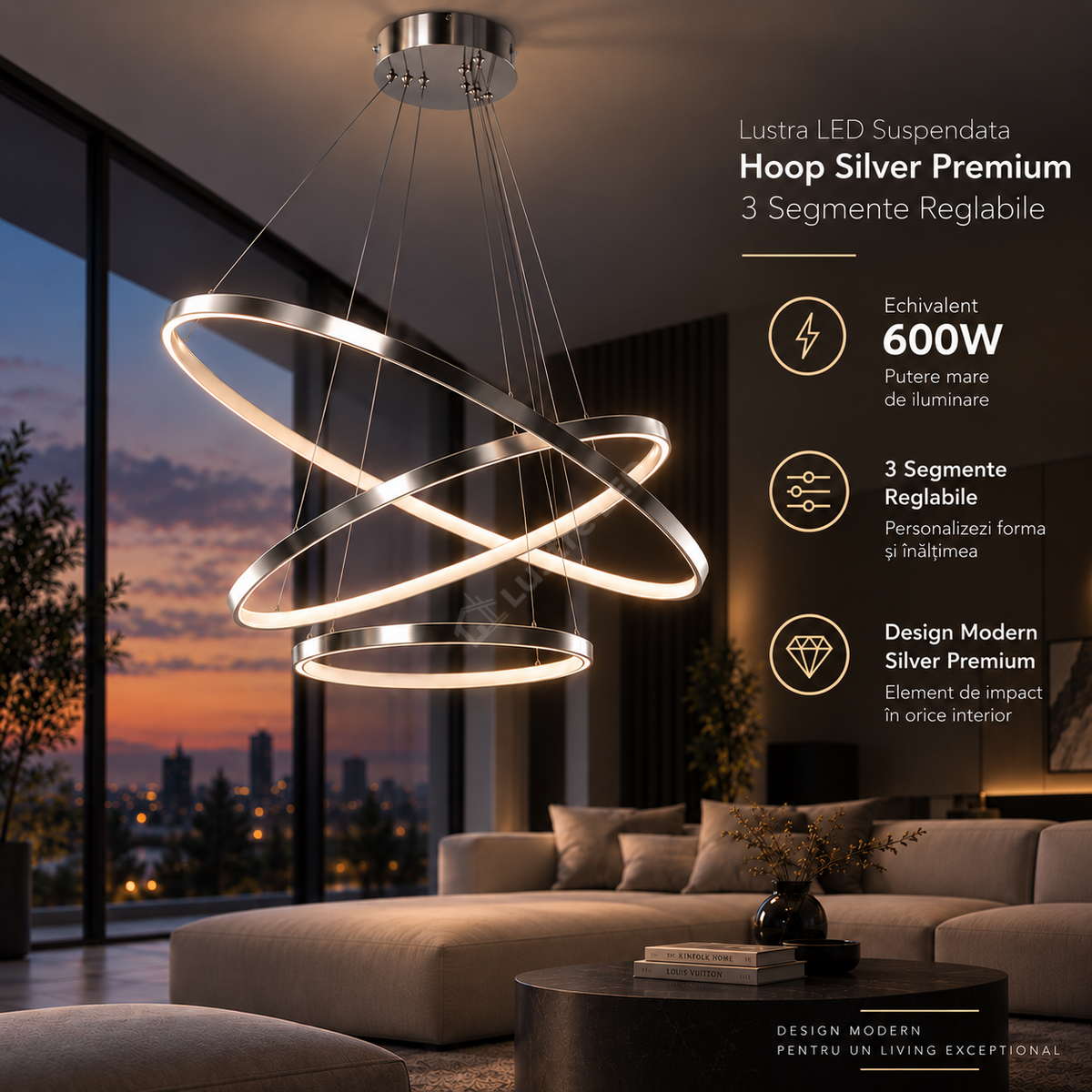 Lustra LED Suspendata Hoop Silver Premium 3 Segmente Reglabile Echivalent 600W