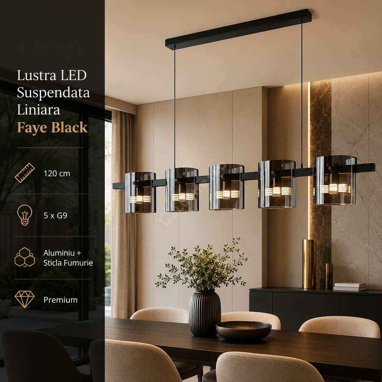 Lustra LED Suspendata Liniara 120cm 5xG9 Faye Black Sticla Fumurie