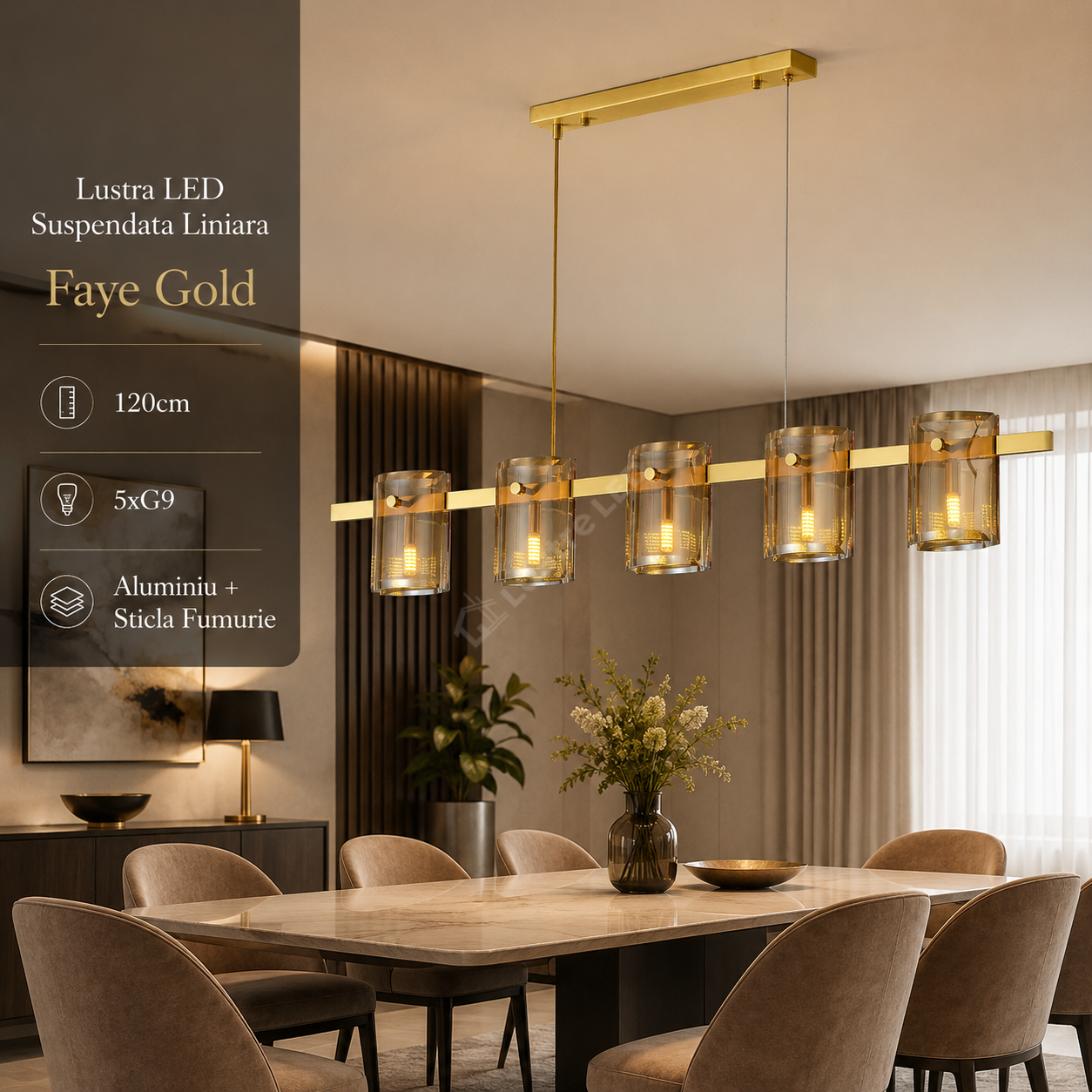 Lustra LED Suspendata Liniara 120cm 5xG9 Faye Gold Sticla Fumurie