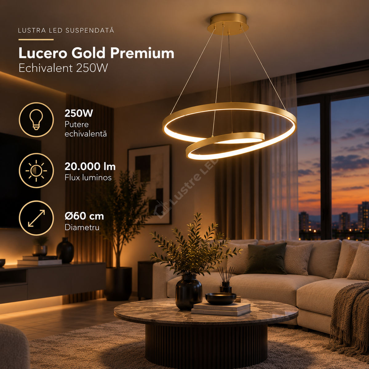 Lustra LED Suspendata Lucero Gold Premium Echivalent 250W