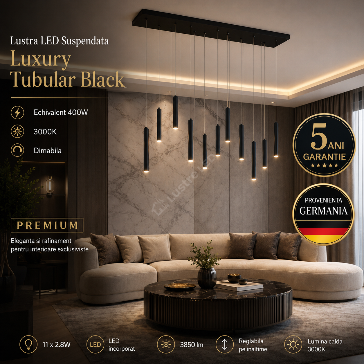 Lustra LED Suspendata Luxury Tubular Black Echivalent 400W, 3000K, Dimabila, PREMIUM