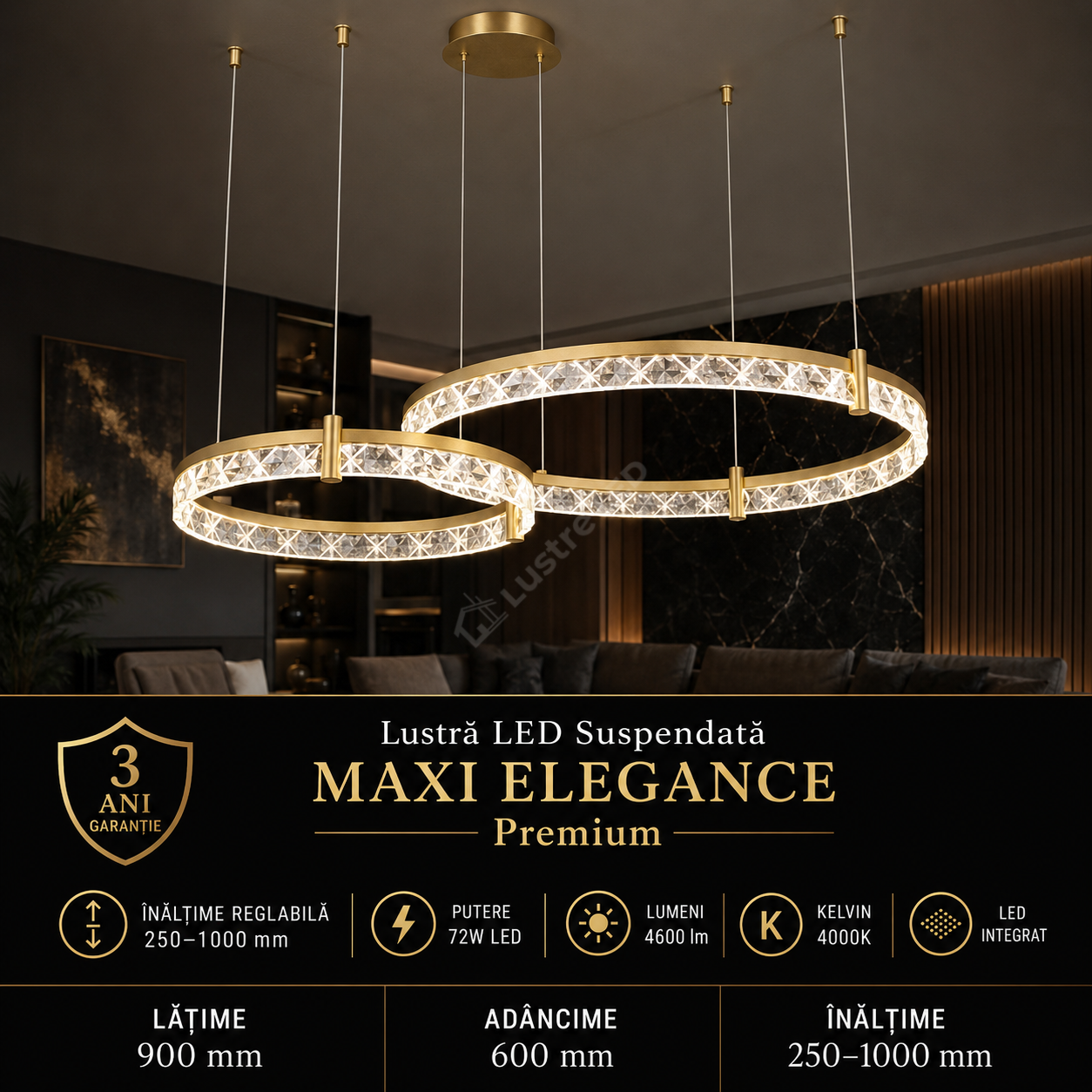 Lustra LED Suspendata Maxi Elegance Gold Premium Echivalent 450W