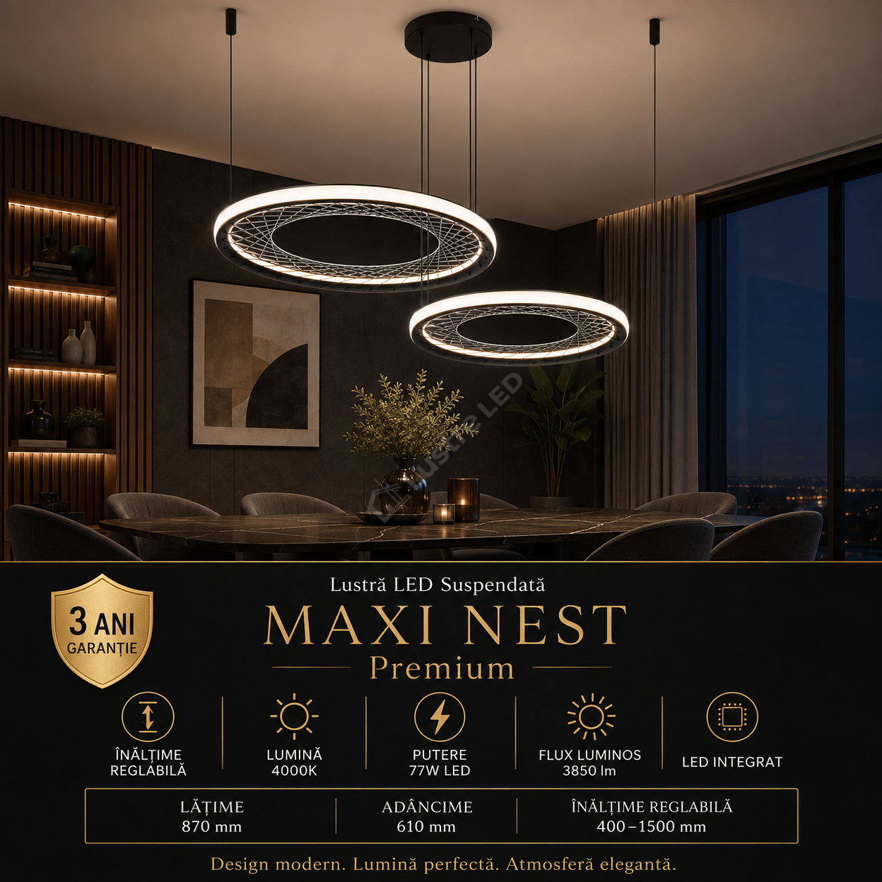 Lustra LED Suspendata Maxi Nest Black Premium Echivalent 400W