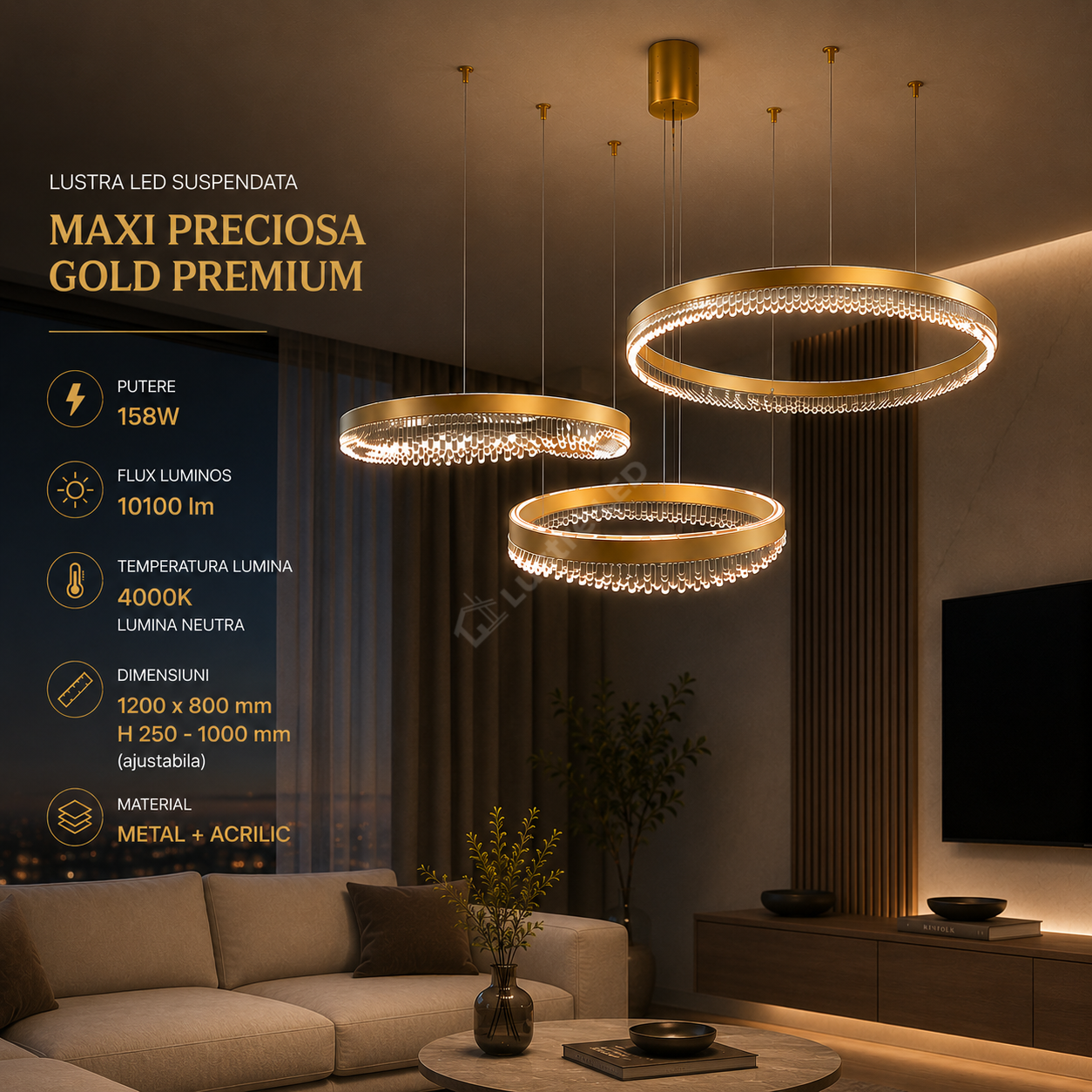 Lustra LED Suspendata Maxi Preciosa Gold Premium Echivalent 1000W
