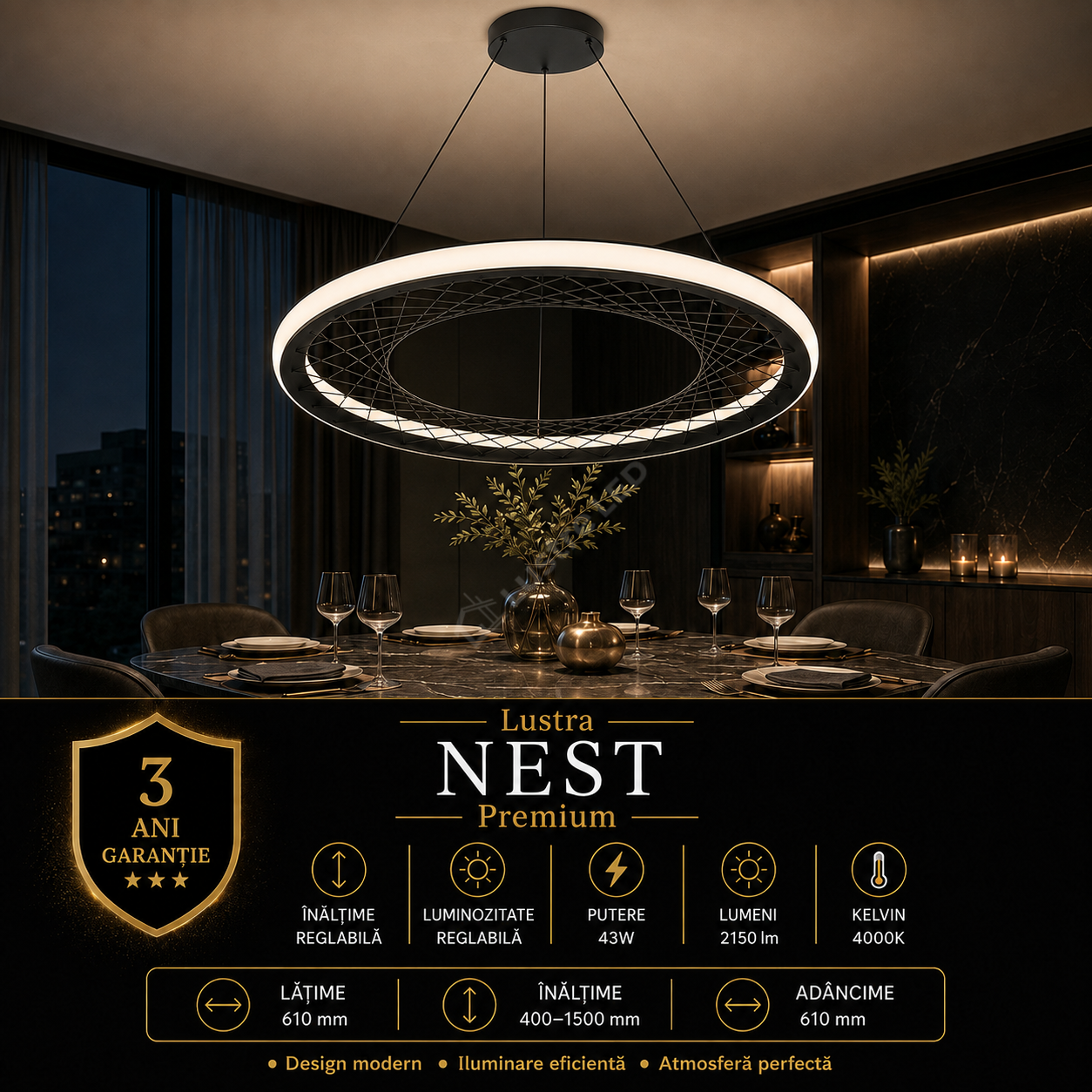 Lustra LED Suspendata Nest Black Premium Echivalent 250W
