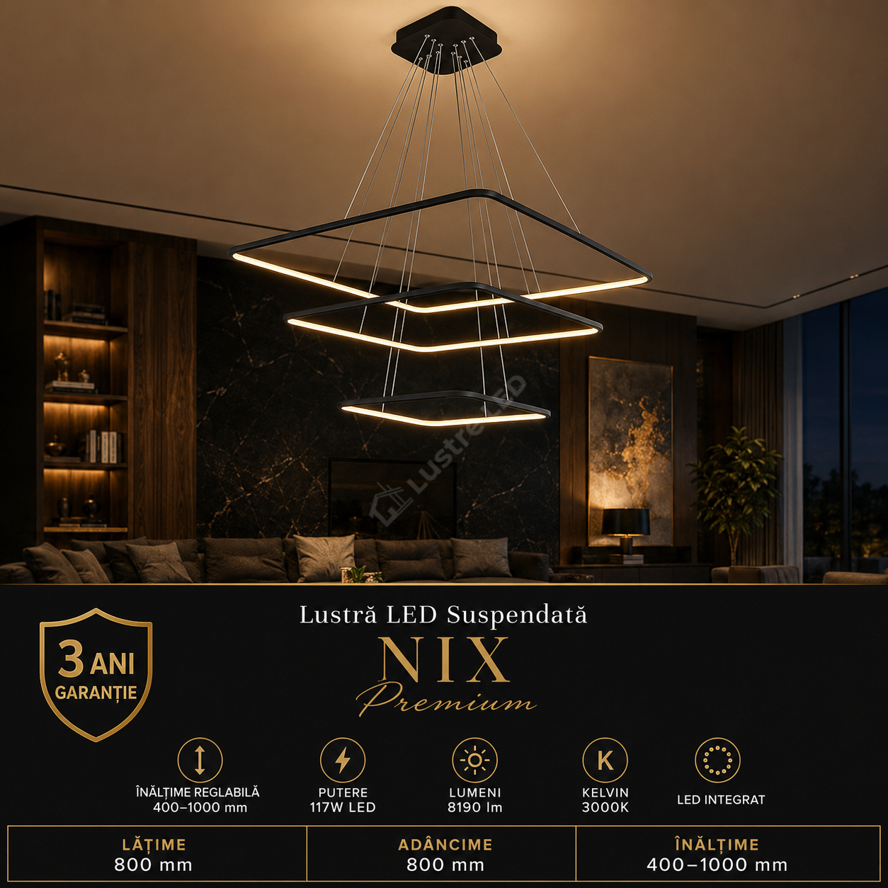 Lustra LED Suspendata Nix Black Premium cu 3 Segmente Reglabile Echivalent 800W