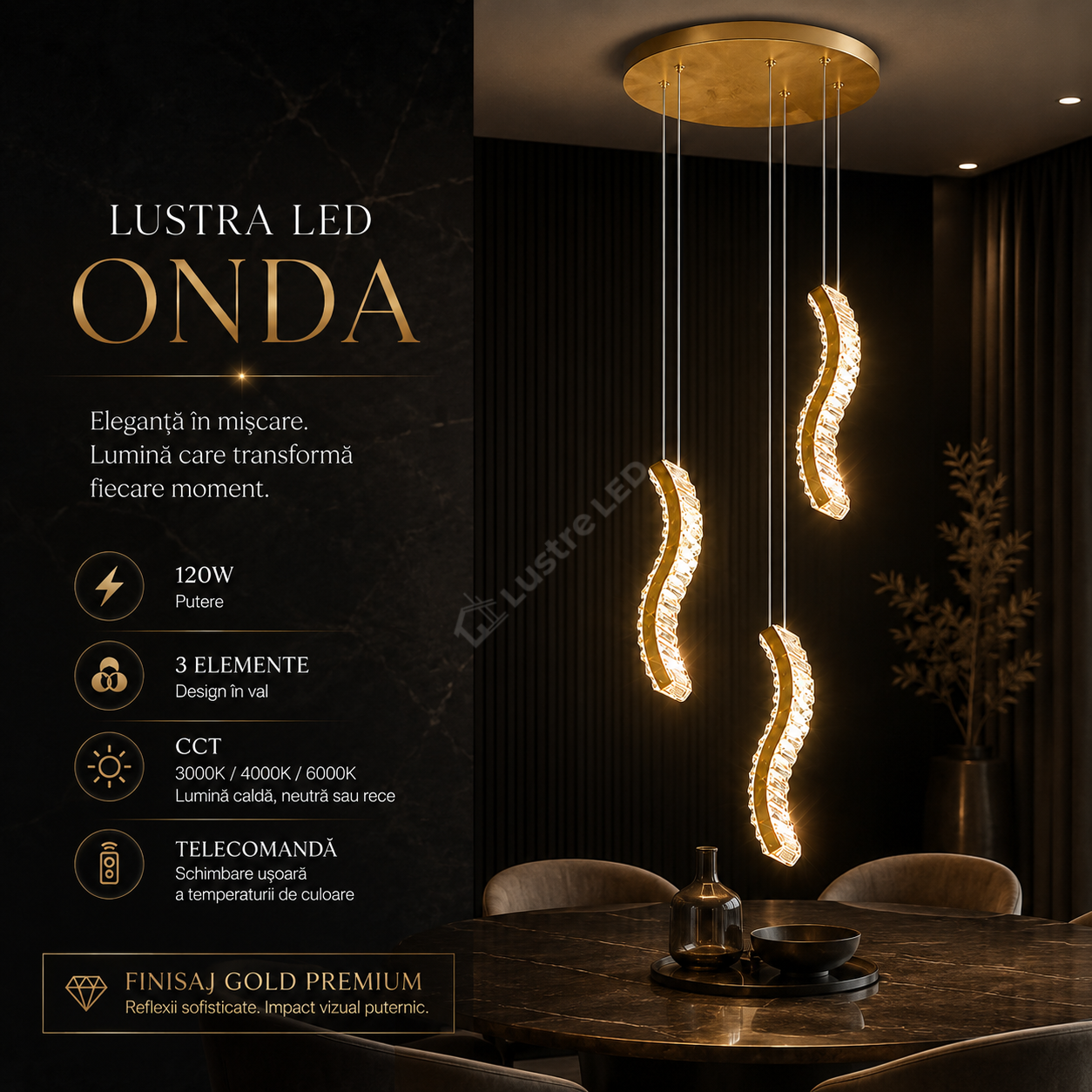 Lustra LED Suspendata ONDA Gold 120W CCT Telecomanda Echivalent 600W