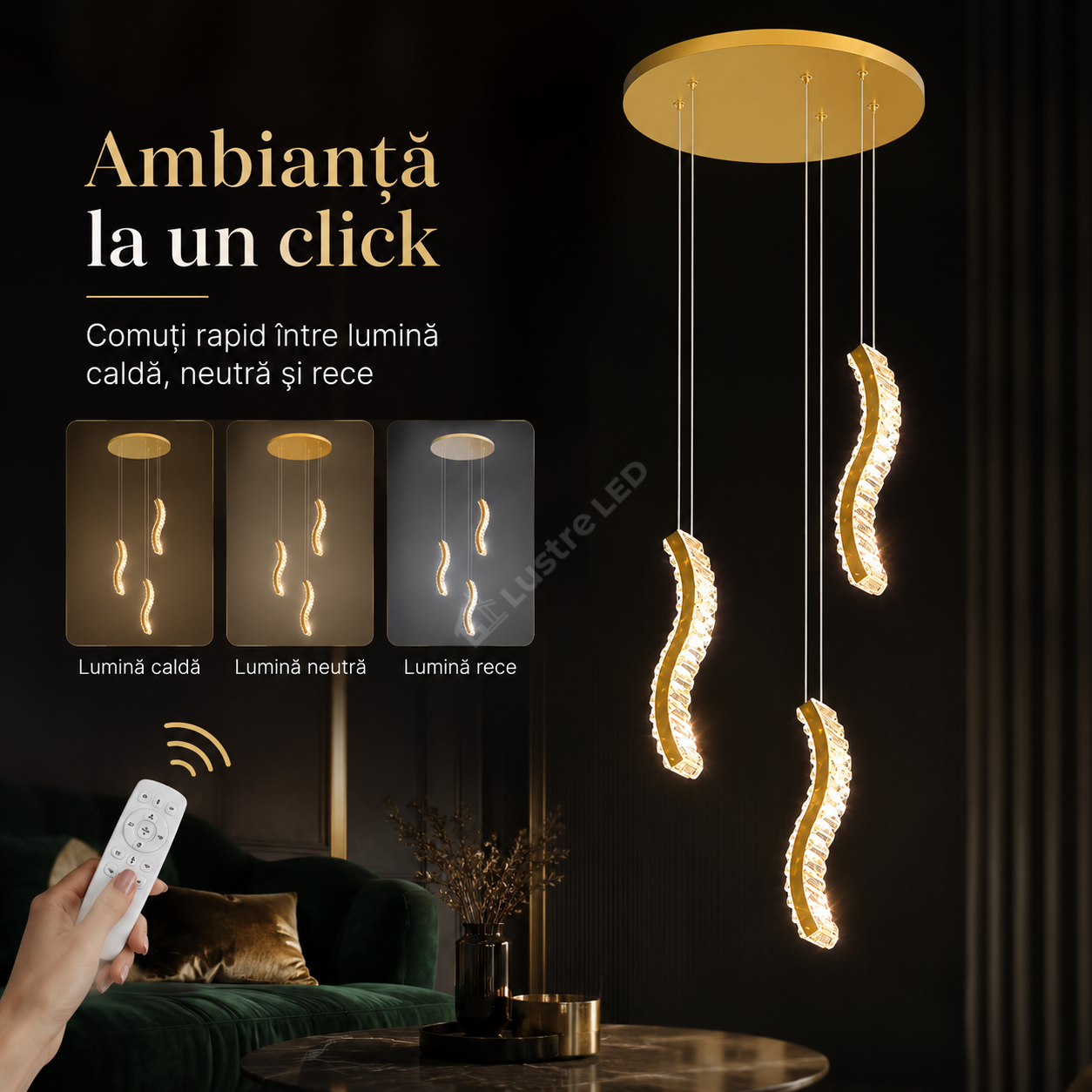 Lustra LED Suspendata ONDA Gold 120W CCT Telecomanda Echivalent 600W