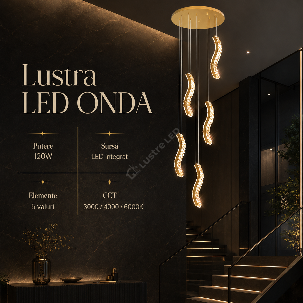 Lustra LED Suspendata ONDA Gold Telecomanda Echivalent 600W
