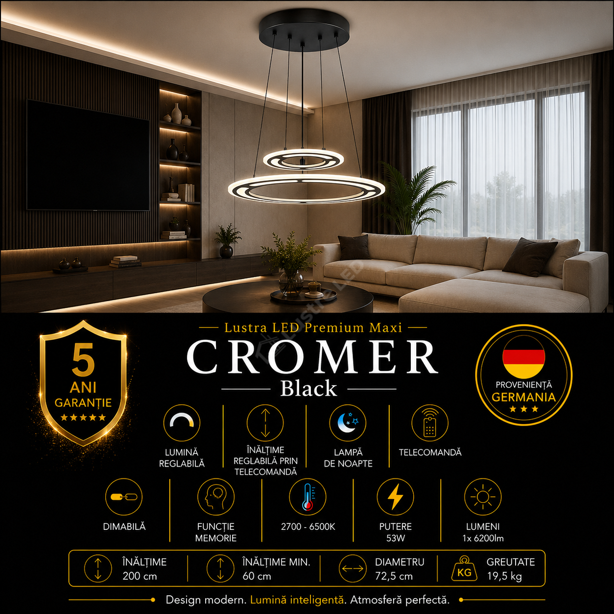 Lustra LED Suspendata Premium Cromer Black - Inaltime Reglabila prin Telecomanda