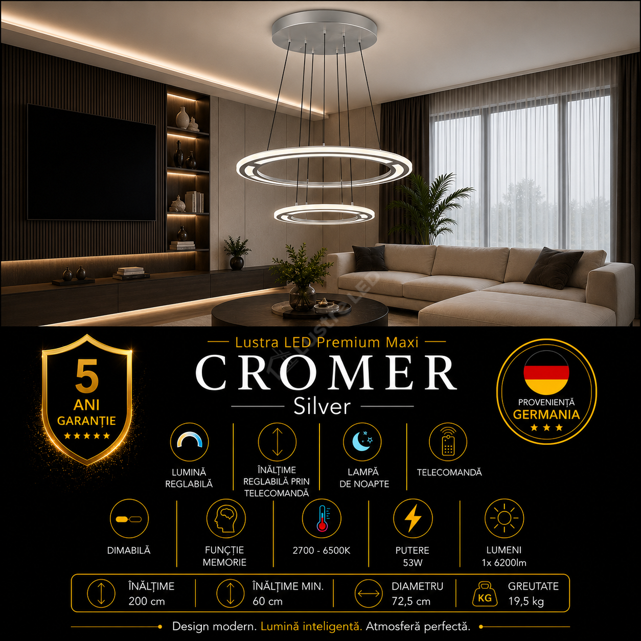 Lustra LED Suspendata Premium Cromer Silver - Inaltime Reglabila prin Telecomanda