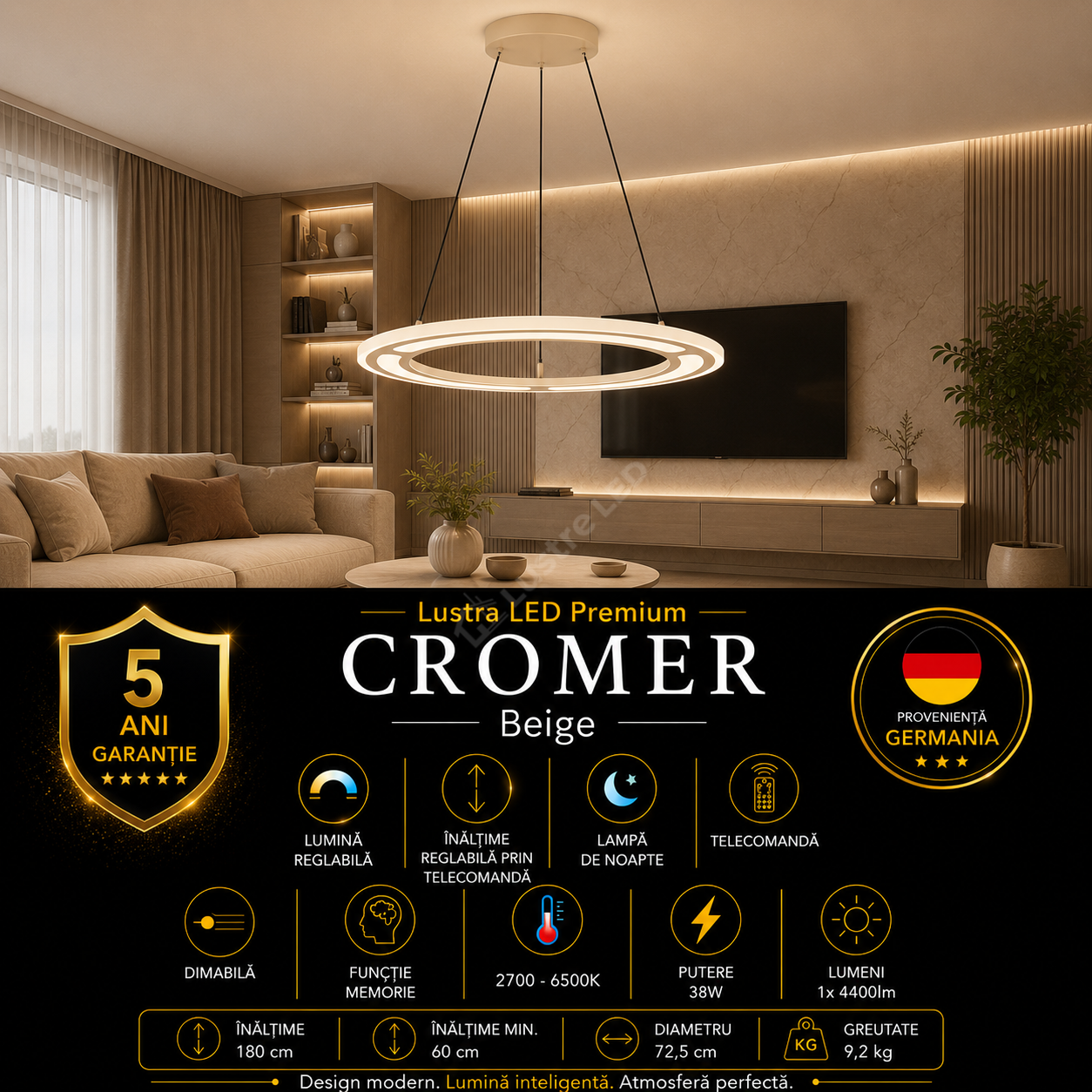 Lustra LED Suspendata Premium Mini Cromer Beige - Inaltime Reglabila prin Telecomanda