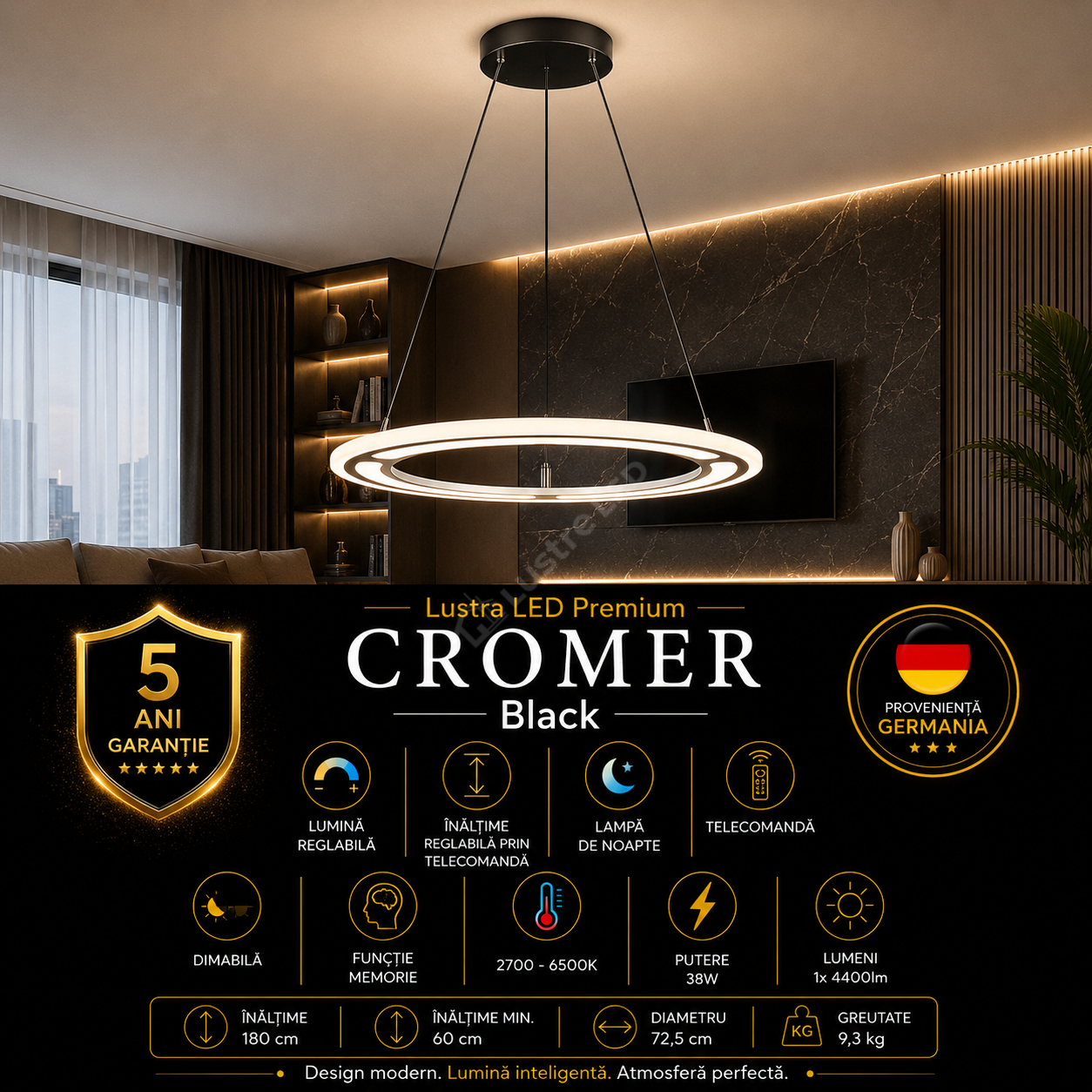 Lustra LED Suspendata Premium Mini Cromer Black - Inaltime Reglabila prin Telecomanda
