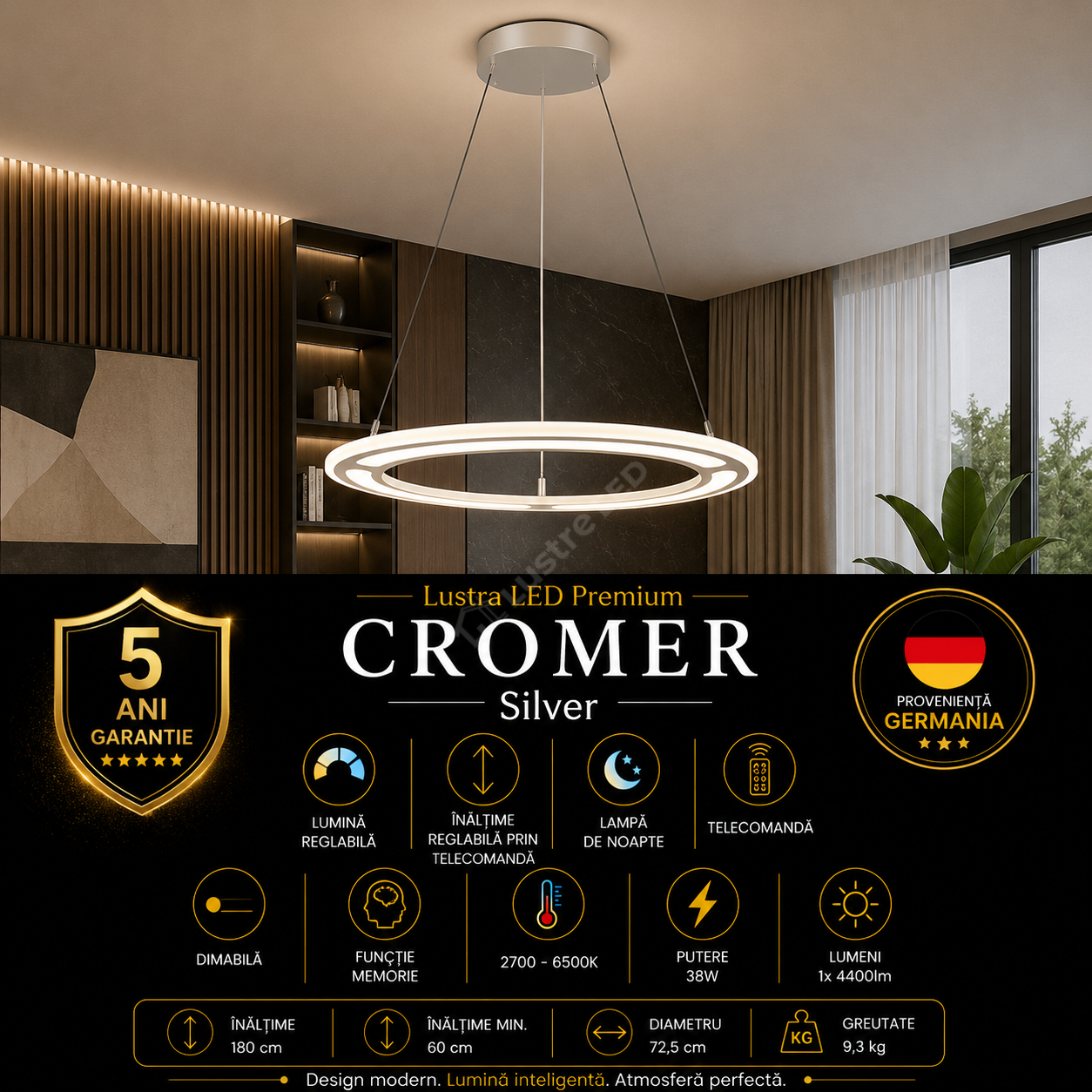 Lustra LED Suspendata Premium Mini Cromer Silver - Inaltime Reglabila prin Telecomanda
