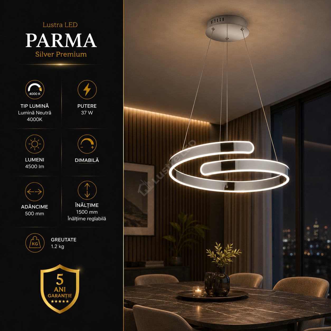 Lustra LED Suspendata Premium Parma Silver Echivalent 450W | 4000K