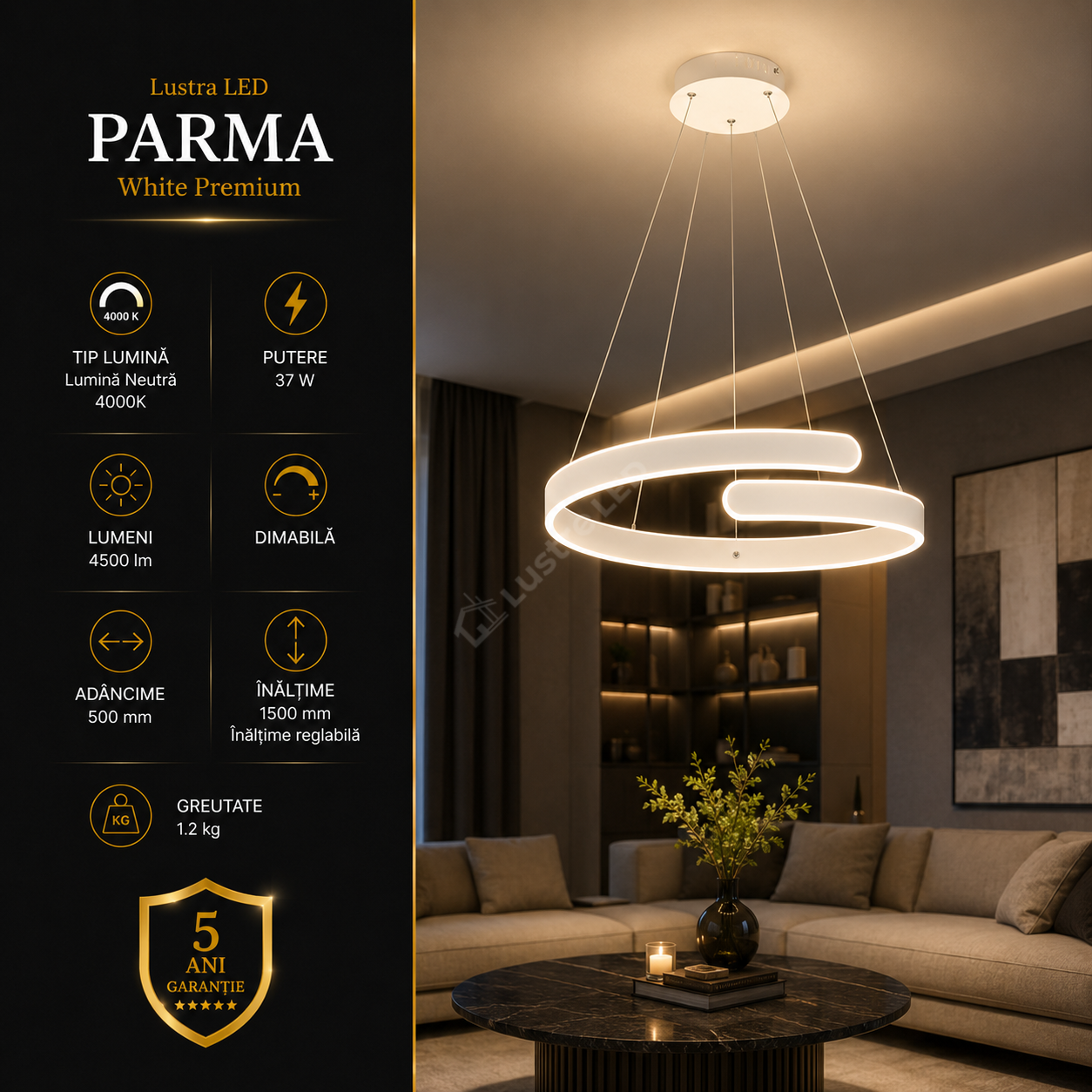 Lustra LED Suspendata Premium Parma White Echivalent 450W | 4000K