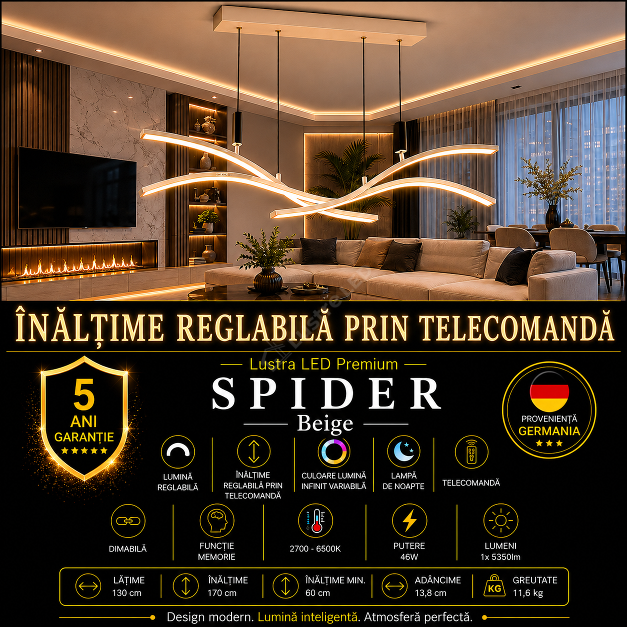 Lustra LED Suspendata Premium Spider Beige - Inaltime Reglabila prin Telecomanda
