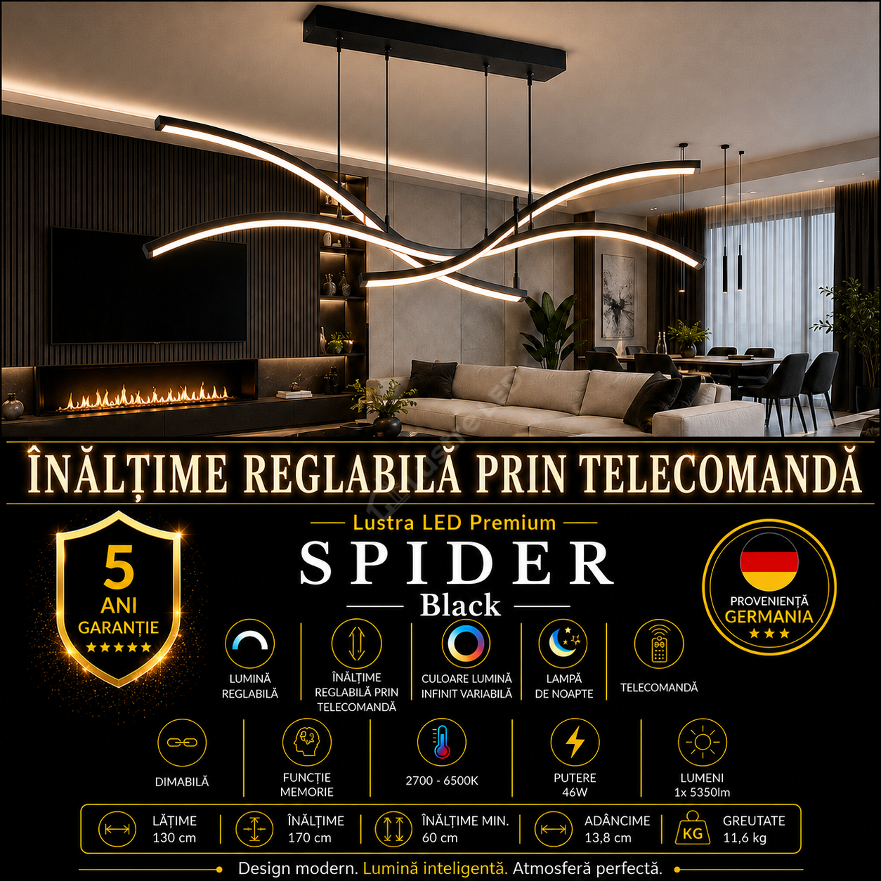 Lustra LED Suspendata Premium Spider Black - Inaltime Reglabila prin Telecomanda