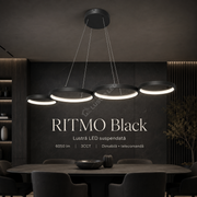 Lustra LED Suspendata RITMO Black 4 Inele 88CM Echivalent 380W Telecomanda