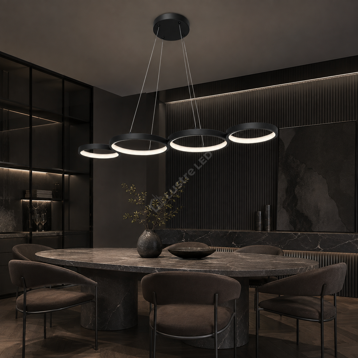 Lustra LED Suspendata RITMO Black 4 Inele 88CM Echivalent 380W Telecomanda