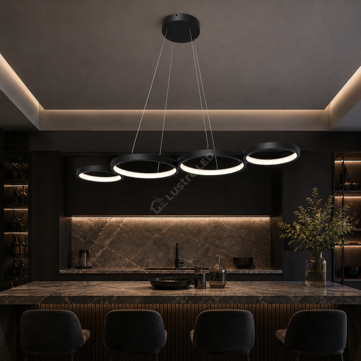 Lustra LED Suspendata RITMO Black 4 Inele 88CM Echivalent 380W Telecomanda
