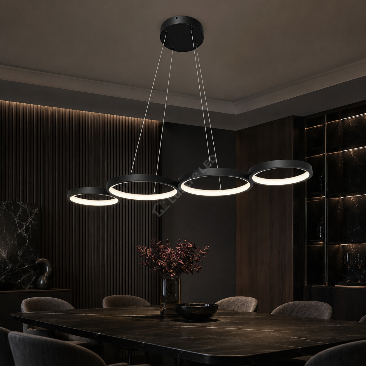 Lustra LED Suspendata RITMO Black 4 Inele 88CM Echivalent 380W Telecomanda