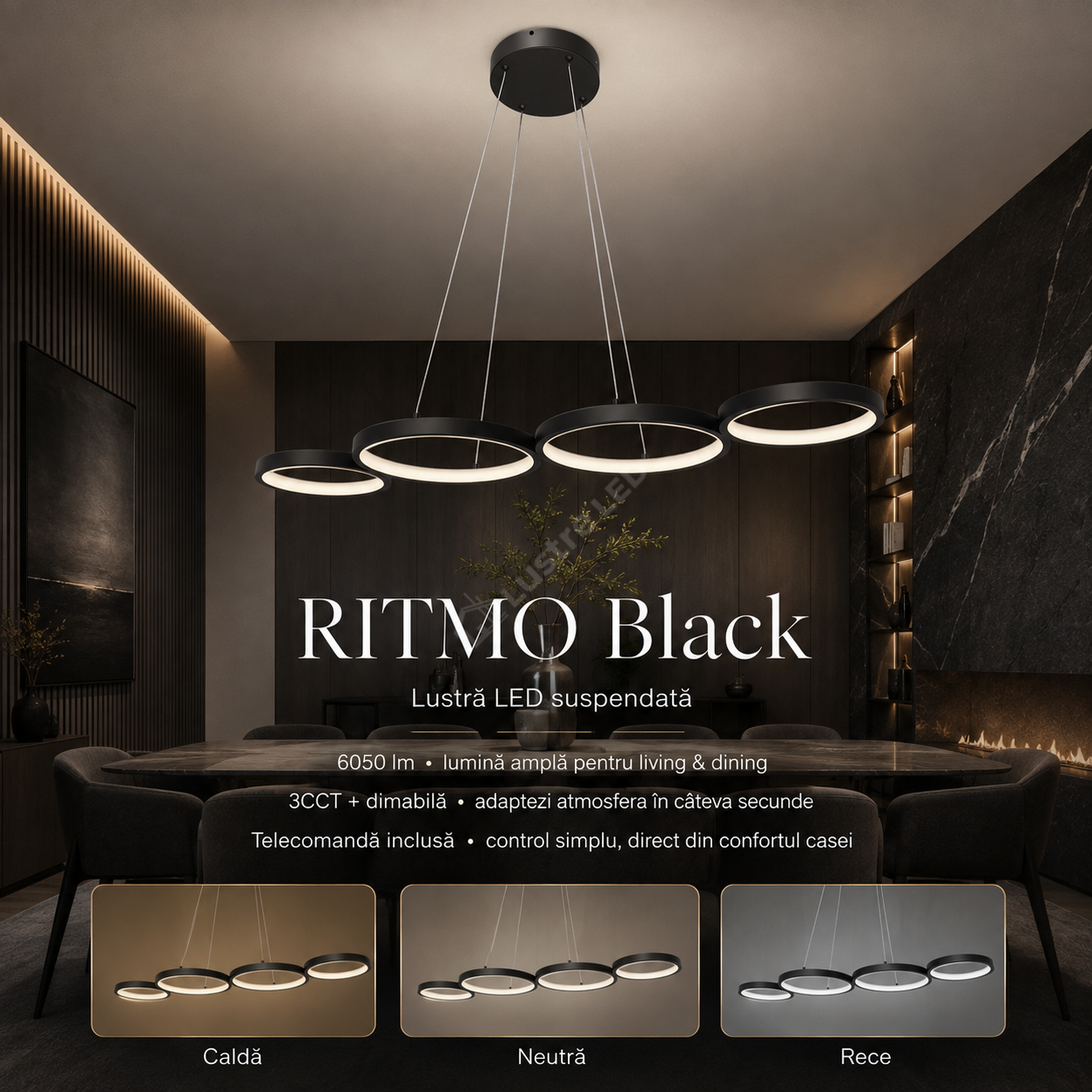 Lustra LED Suspendata RITMO Black 4 Inele 88CM Echivalent 380W Telecomanda