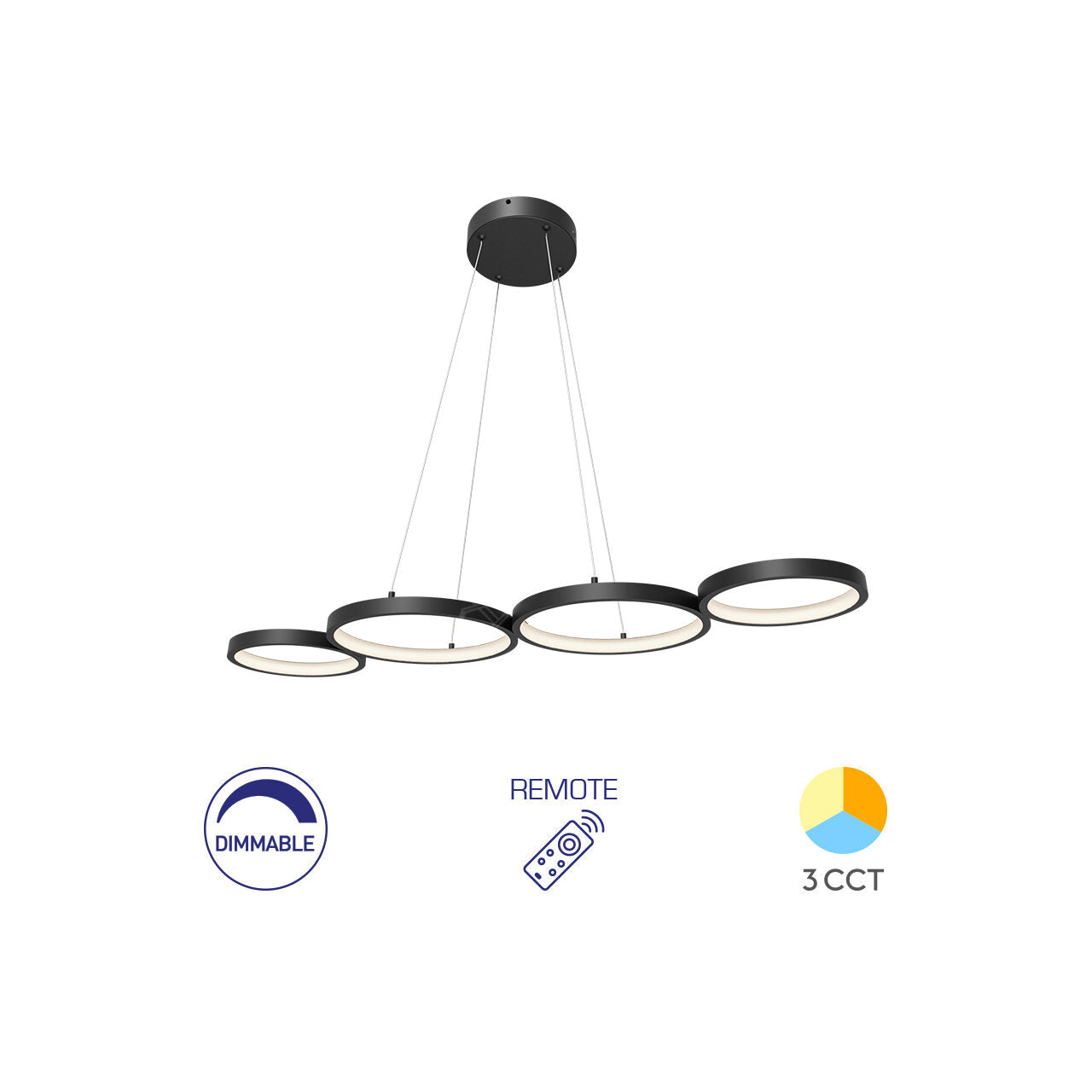 Lustra LED Suspendata RITMO Black 4 Inele 88CM Echivalent 380W Telecomanda