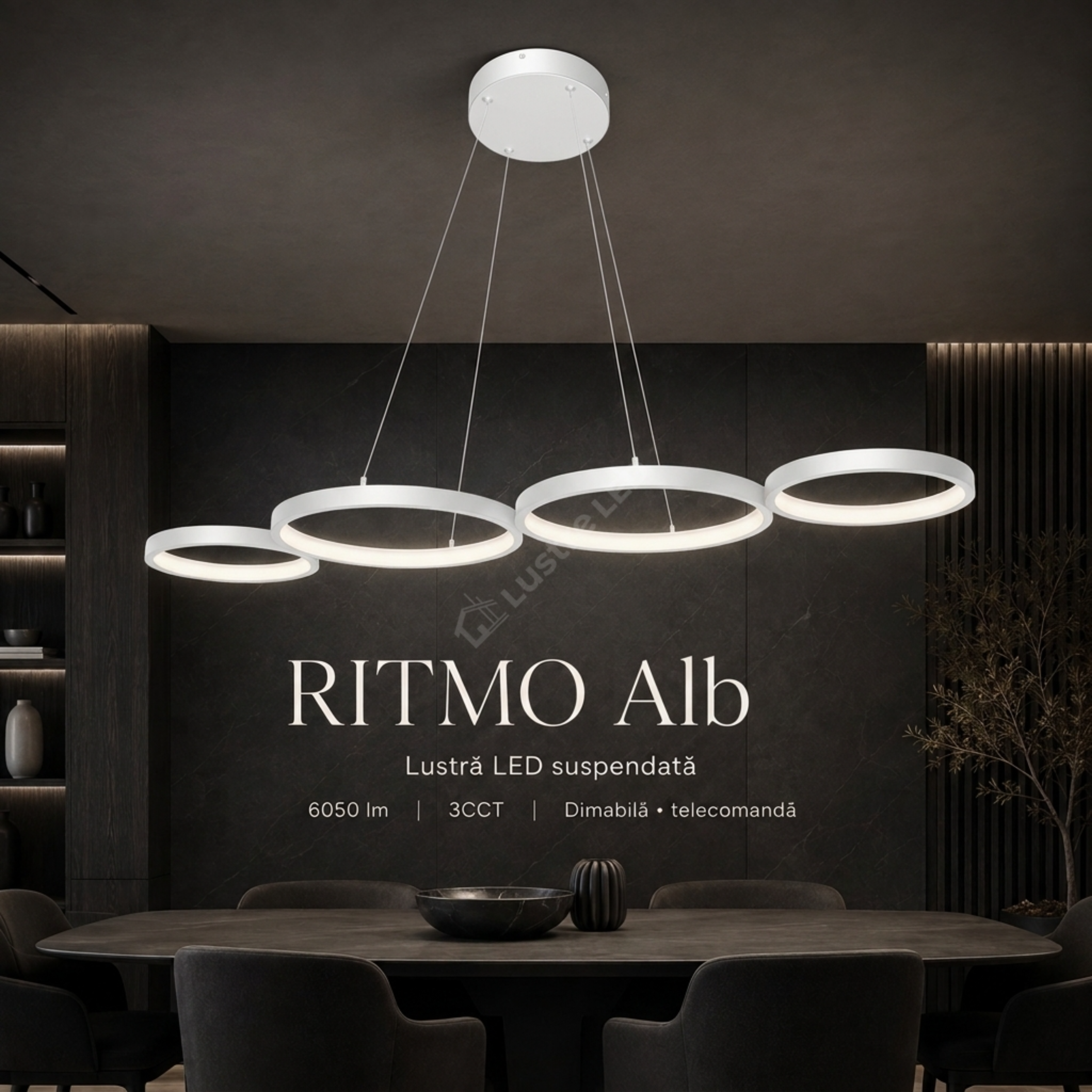 Lustra LED Suspendata RITMO White 4 Inele 88CM Echivalent 380W Telecomanda