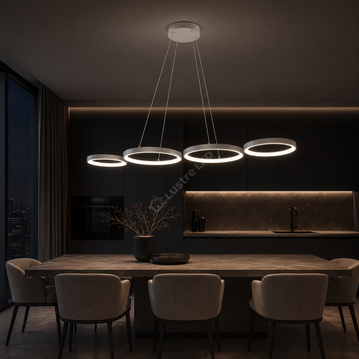 Lustra LED Suspendata RITMO White 4 Inele 88CM Echivalent 380W Telecomanda