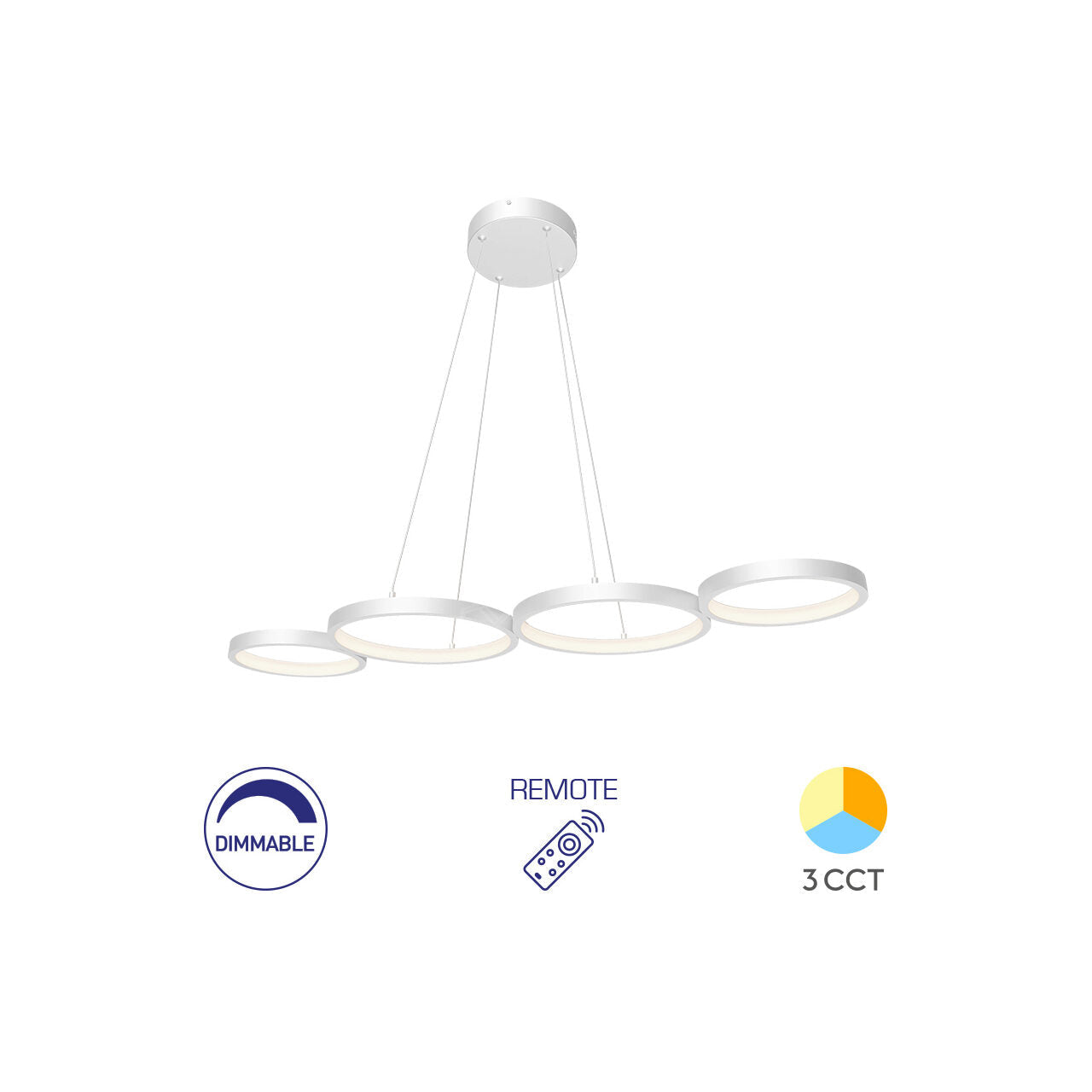 Lustra LED Suspendata RITMO White 4 Inele 88CM Echivalent 380W Telecomanda