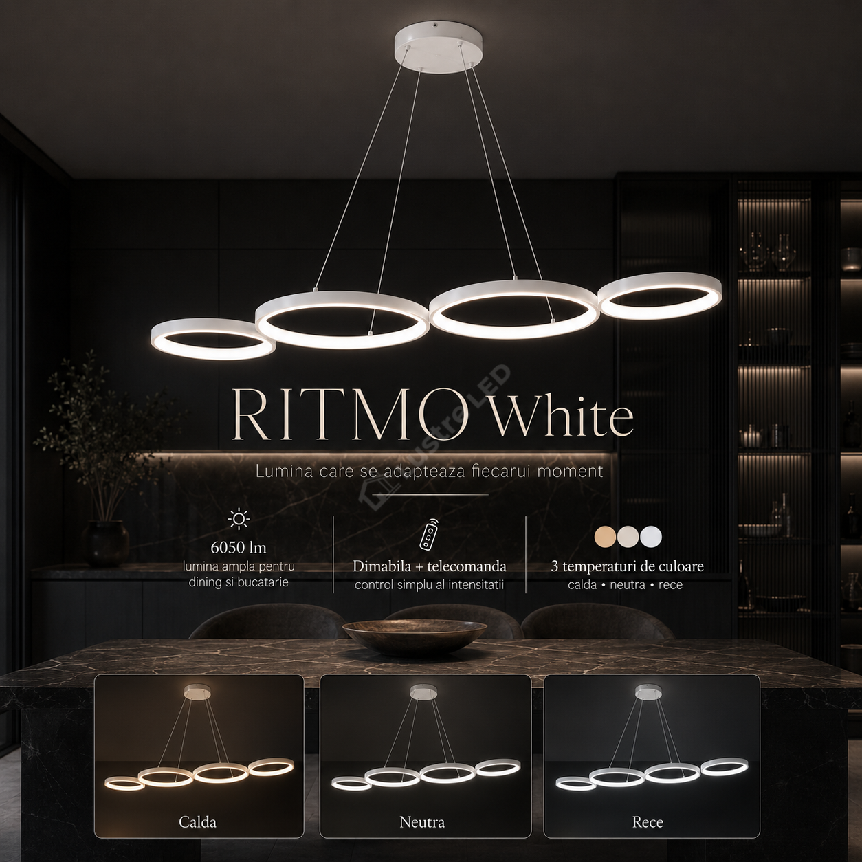 Lustra LED Suspendata RITMO White 4 Inele 88CM Echivalent 380W Telecomanda