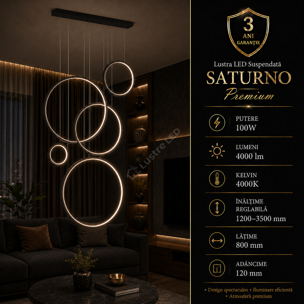 Lustra LED Suspendata Saturno Black Premium Echivalent 400W