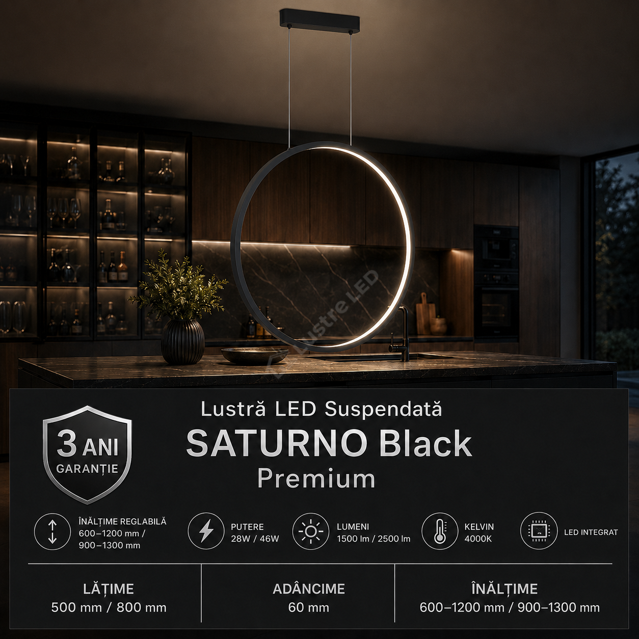 Lustra LED Suspendata Saturno Black Premium IP44 | 50CM/80CM