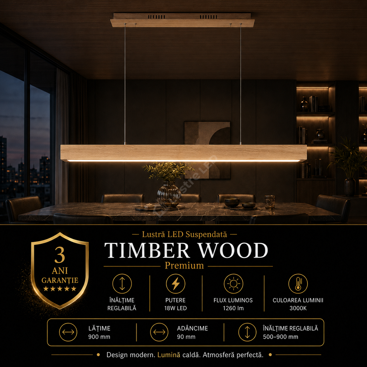 Lustra LED Suspendata Timber Wood Premium Echivalent 150W