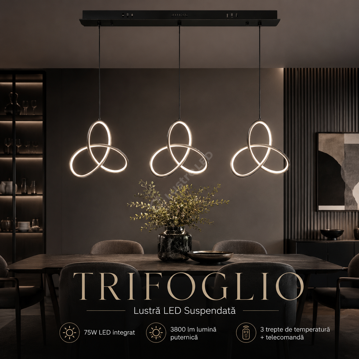 Lustra LED Suspendata TRIFOGLIO Black 75CM Echivalent 380W Telecomanda