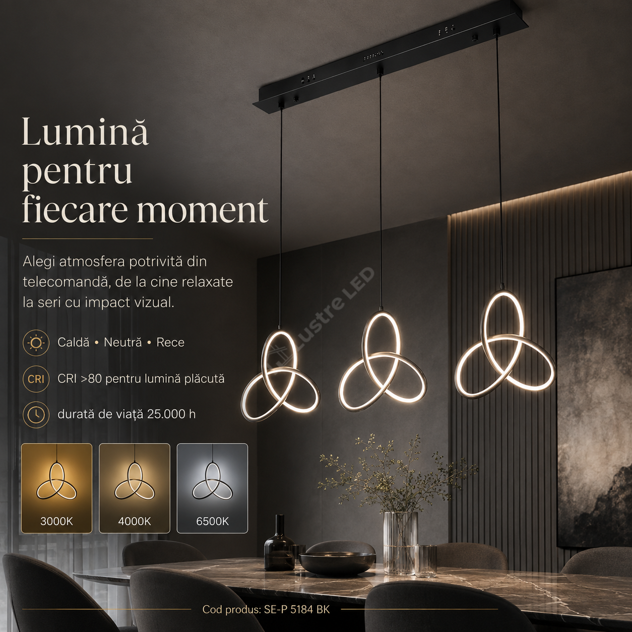 Lustra LED Suspendata TRIFOGLIO Black 75CM Echivalent 380W Telecomanda
