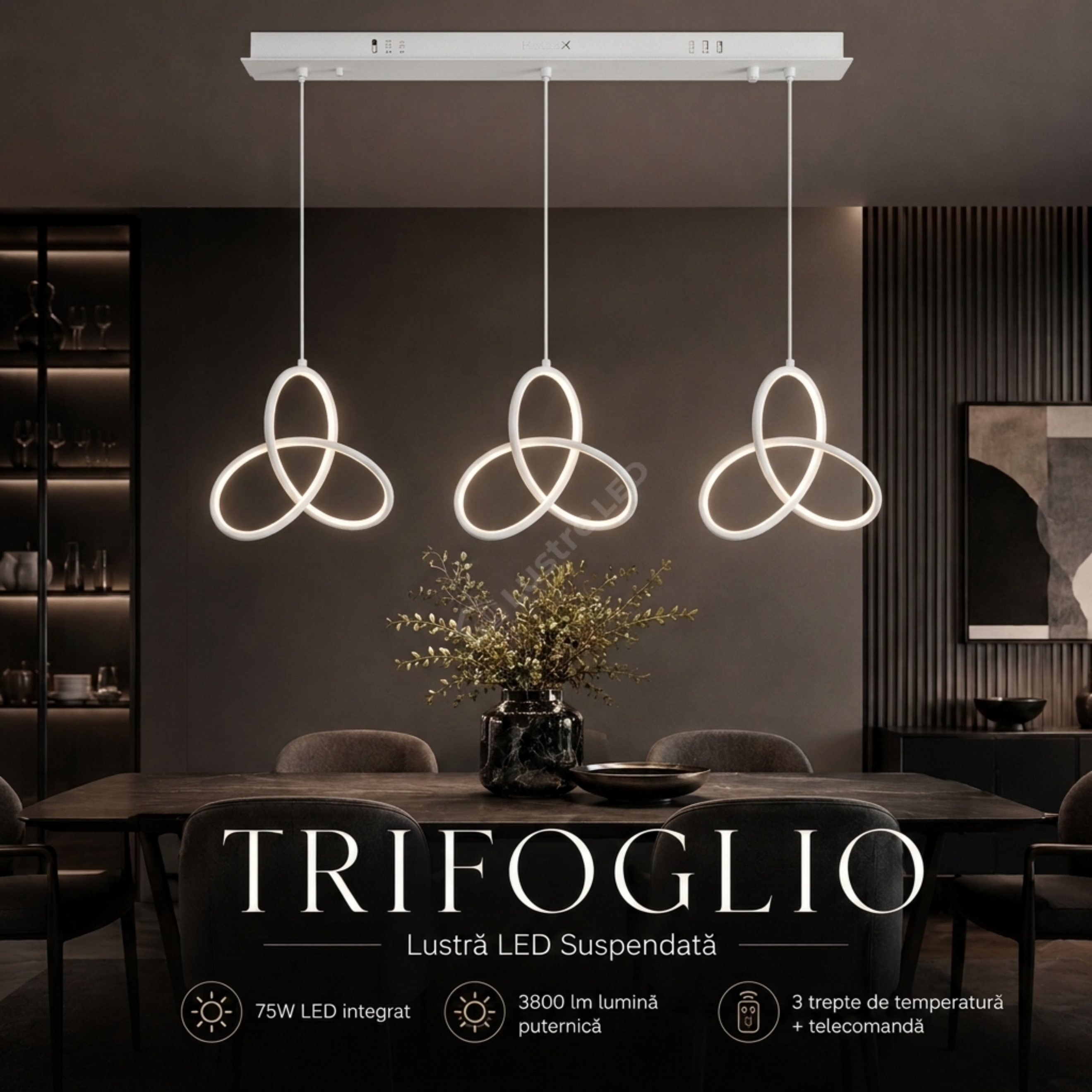 Lustra LED Suspendata TRIFOGLIO White 75CM Echivalent 380W Telecomanda