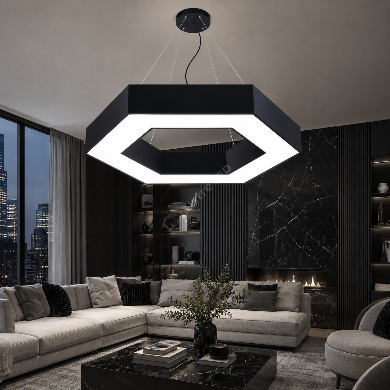 Lustra LED Suspendata VISBY Hexagon Black 60CM Echivalent 150W