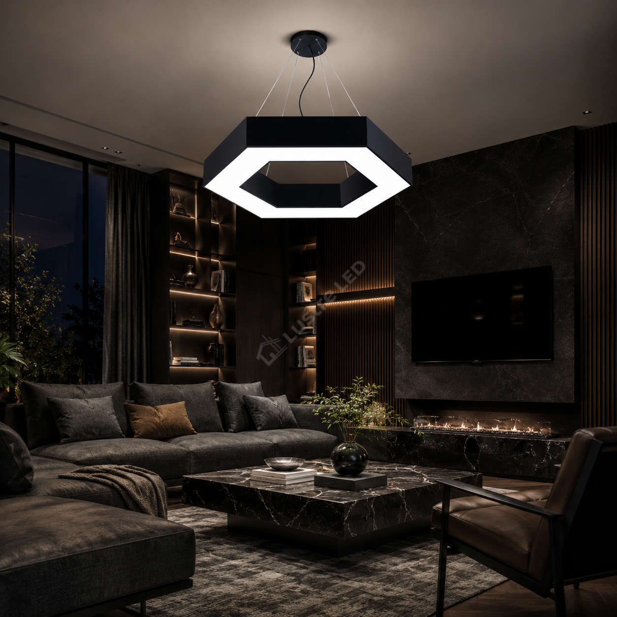 Lustra LED Suspendata VISBY Hexagon Black 60CM Echivalent 150W