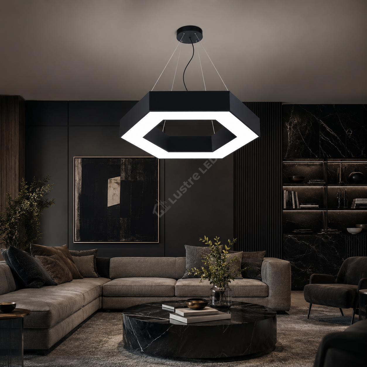 Lustra LED Suspendata VISBY Hexagon Black 60CM Echivalent 150W