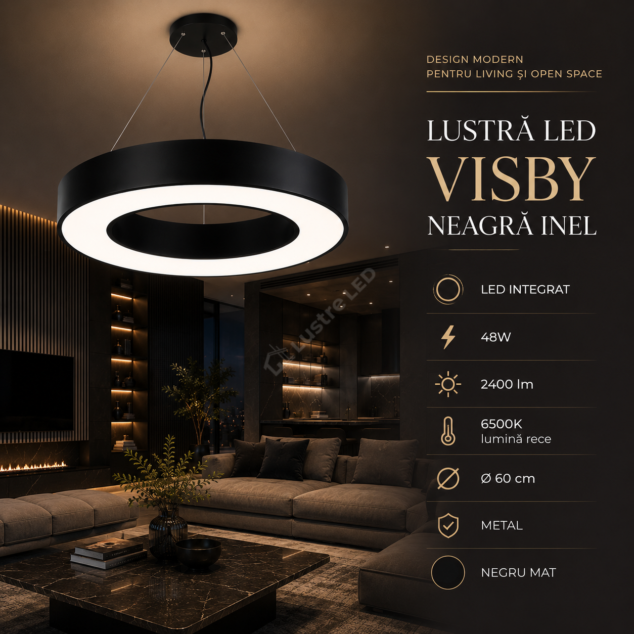 Lustra LED VISBY Black 60CM Echivalent 150W