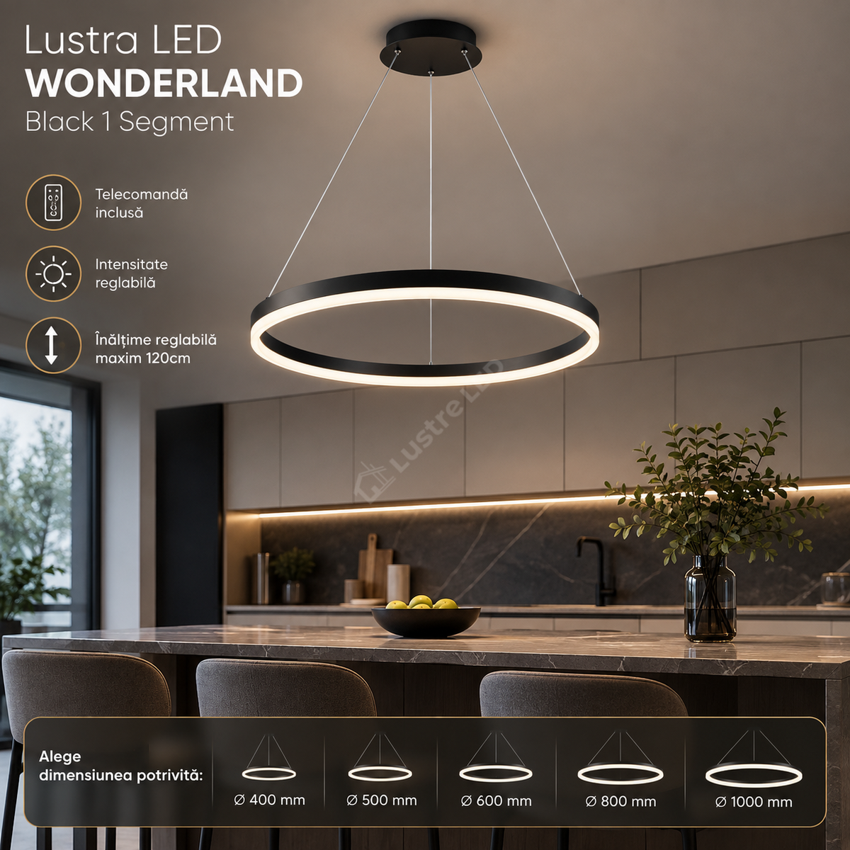Lustra LED WONDERLAND Black 1 Segment Echivalent 300W Telecomanda