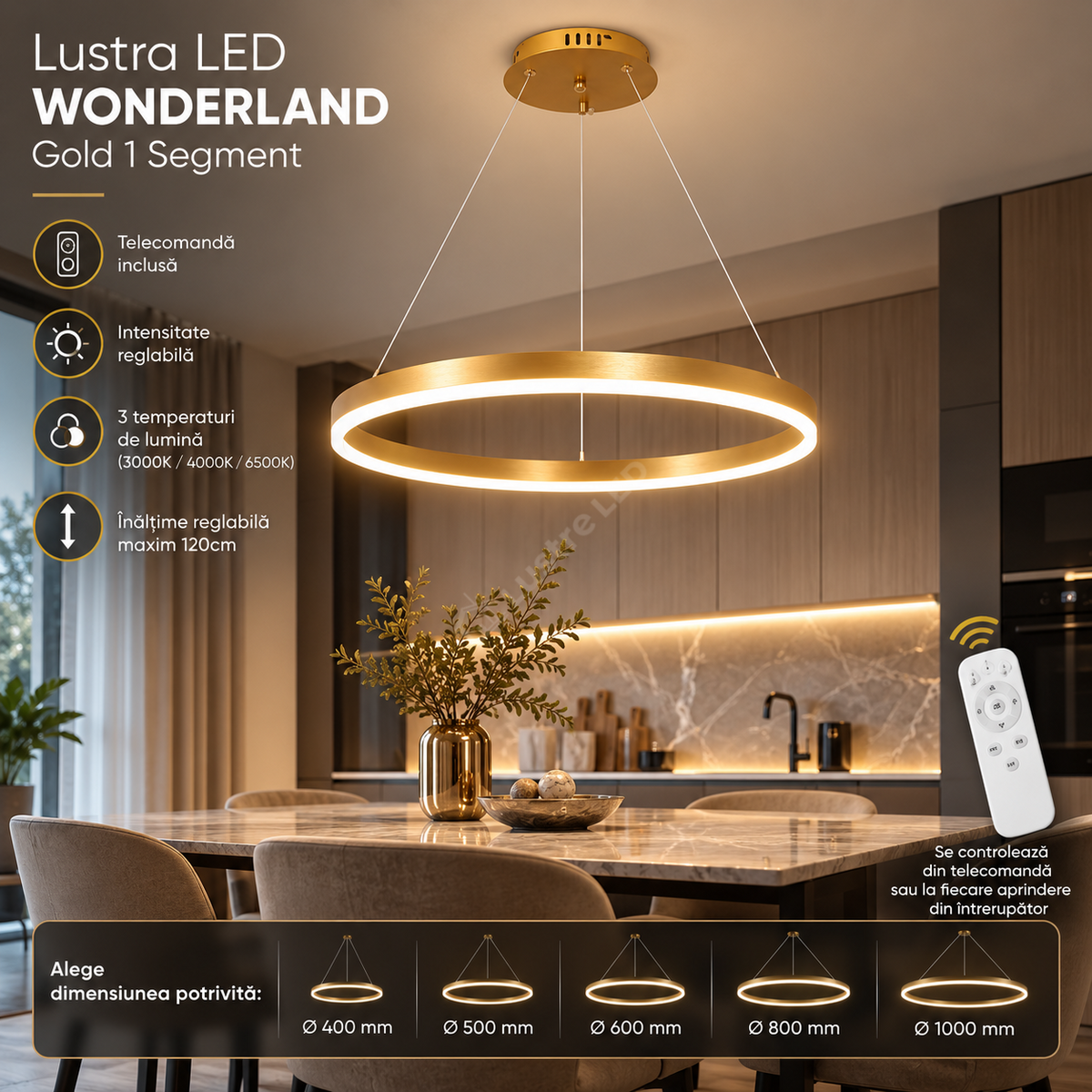 Lustra LED WONDERLAND Gold 1 Segment Echivalent 300W Telecomanda