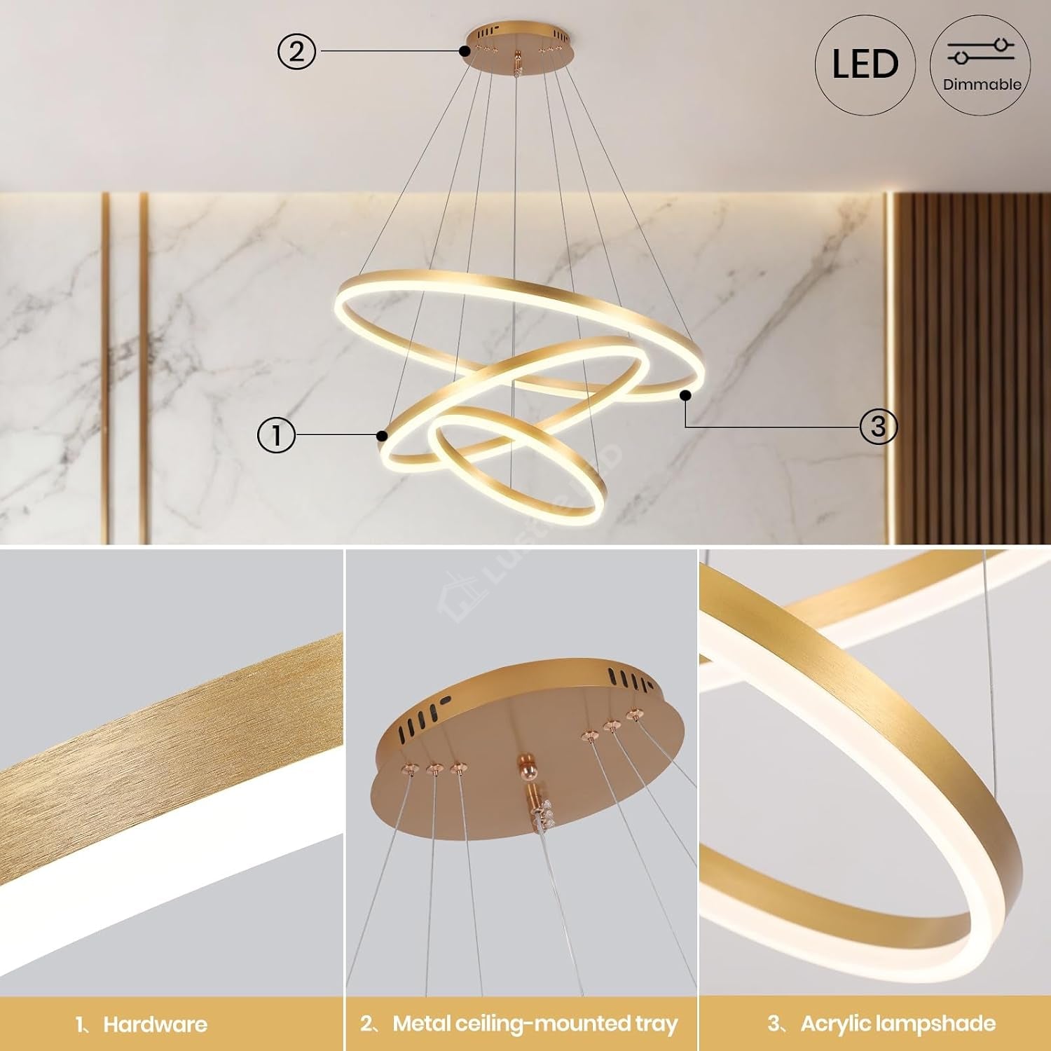 Lustra LED WONDERLAND Gold 3 Segmente XXL 80cm Echivalent 800W Telecomanda