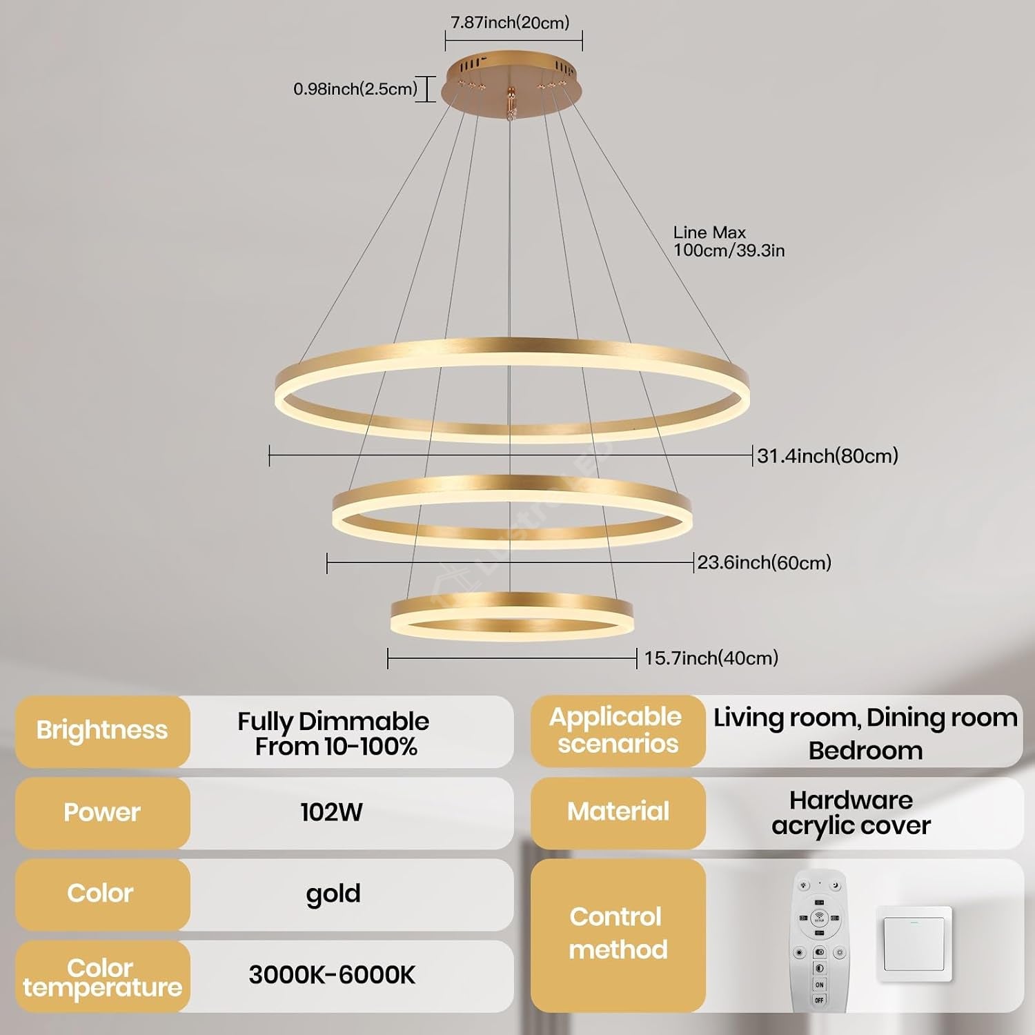 Lustra LED WONDERLAND Gold 3 Segmente XXL 80cm Echivalent 800W Telecomanda