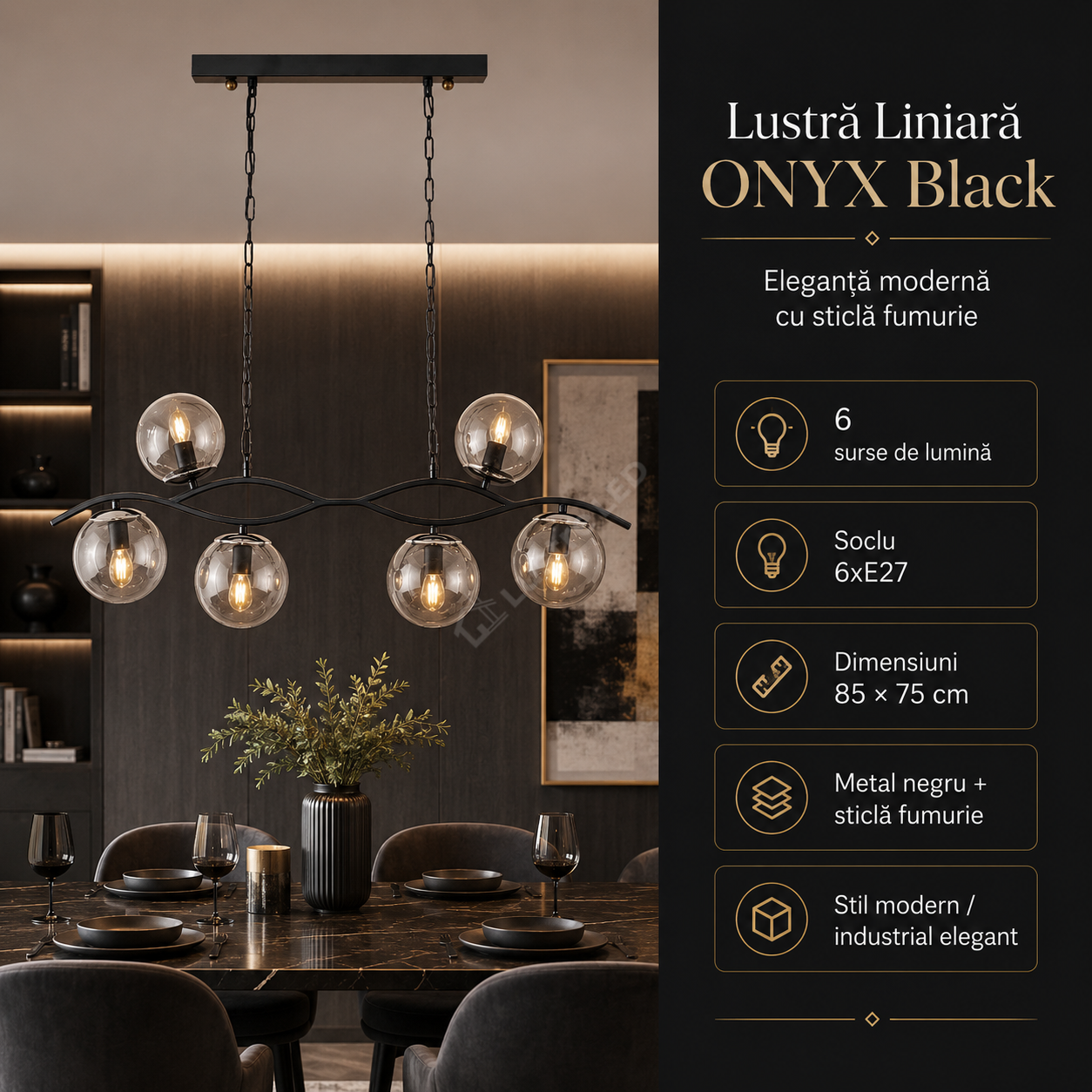 Lustra Liniara cu Abajur ONYX Black 6xE27 Sticla Fumurie 85CM