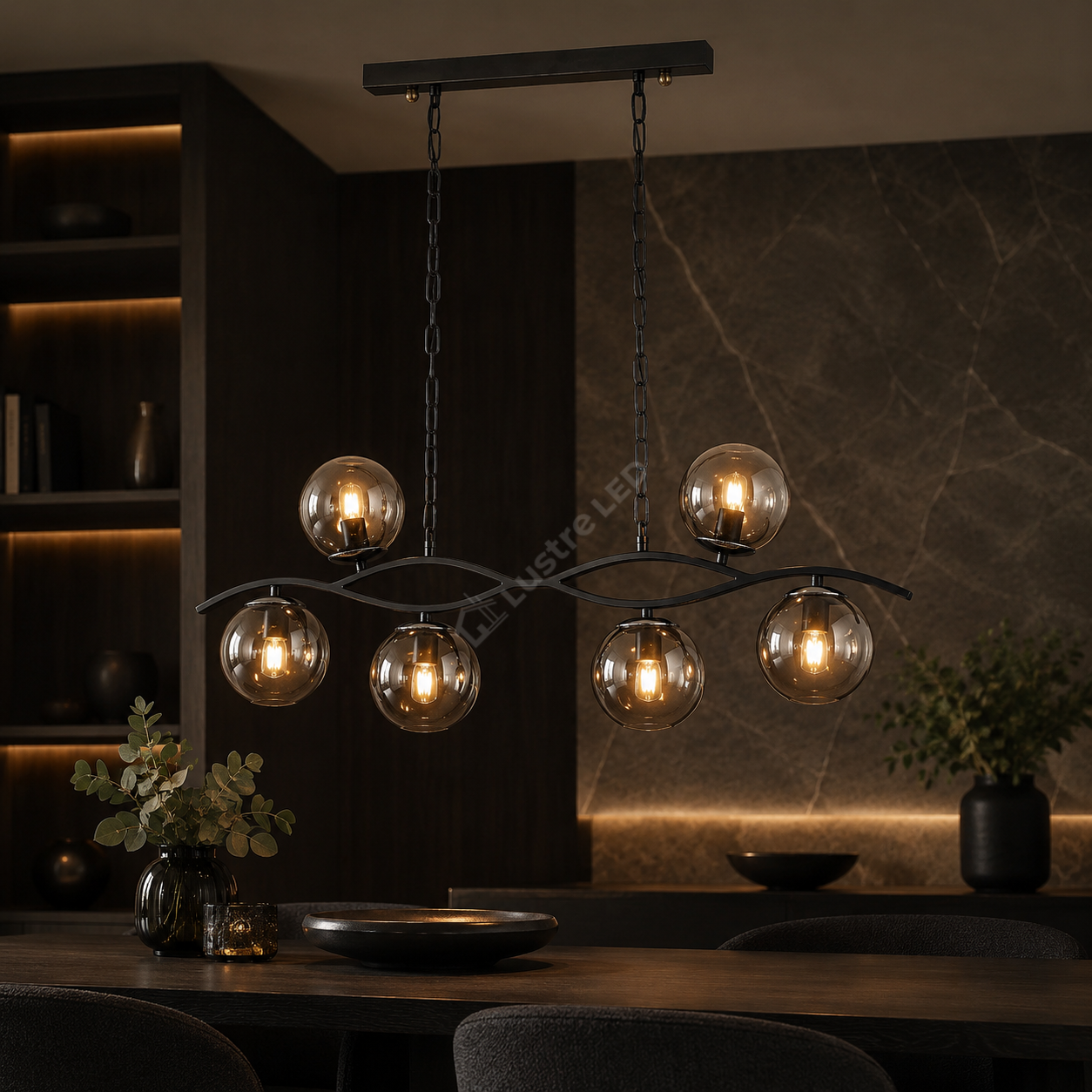 Lustra Liniara cu Abajur ONYX Black 6xE27 Sticla Fumurie 85CM